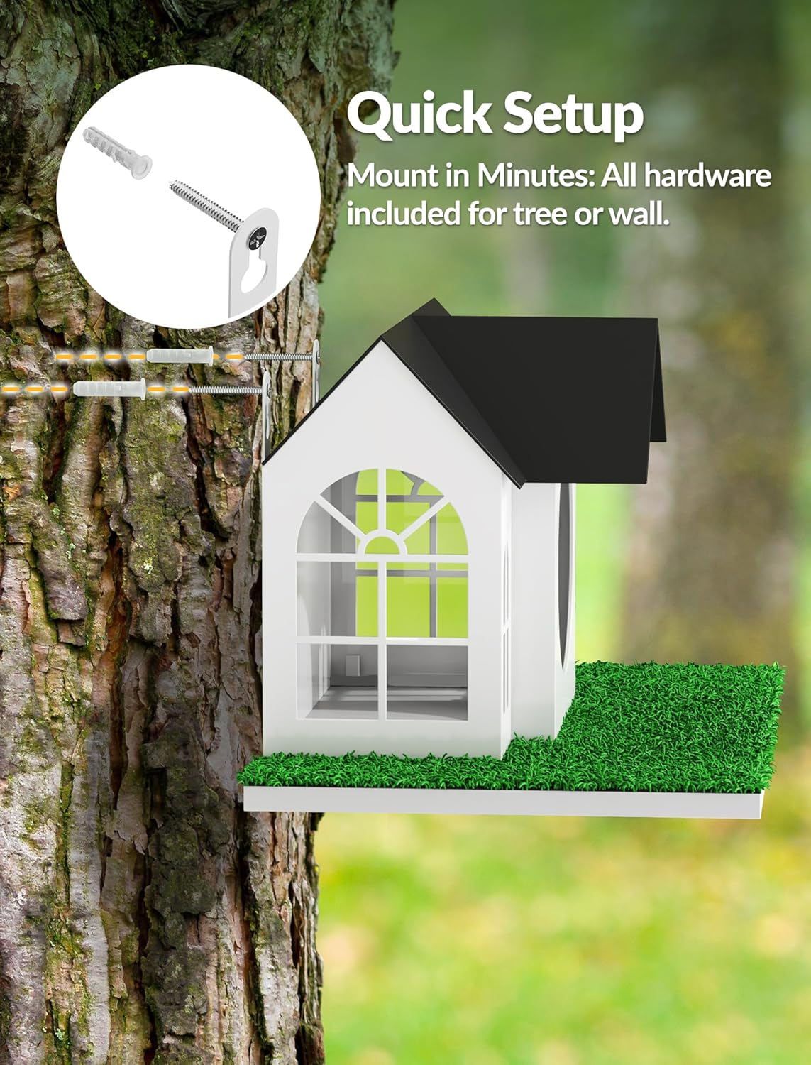 NiHome Outdoor Metal Squirrel Feeder Hanging House, Tree Mounted Squirrel Feeder Large Capacity, Weather Resistant with Acrylic Front, Tree Hanging Food Station for Patio, Backyard and Garden