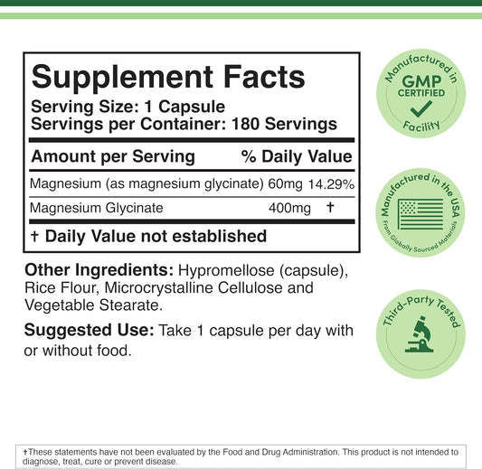 Magnesium Glycinate 400mg | 180 Capsules | Sleep, Muscle, & Heart Supp