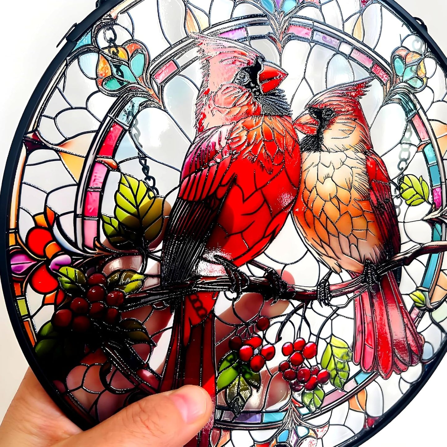 RIVEENY Cardinal Stained Glass Suncatchers for Windows Hanging,Couple Red Love Birds Sun Catchers for Christmas Ornaments, Stained Glass Cardinal Memorial Gifts for Women Mom 20cm/7.87inch