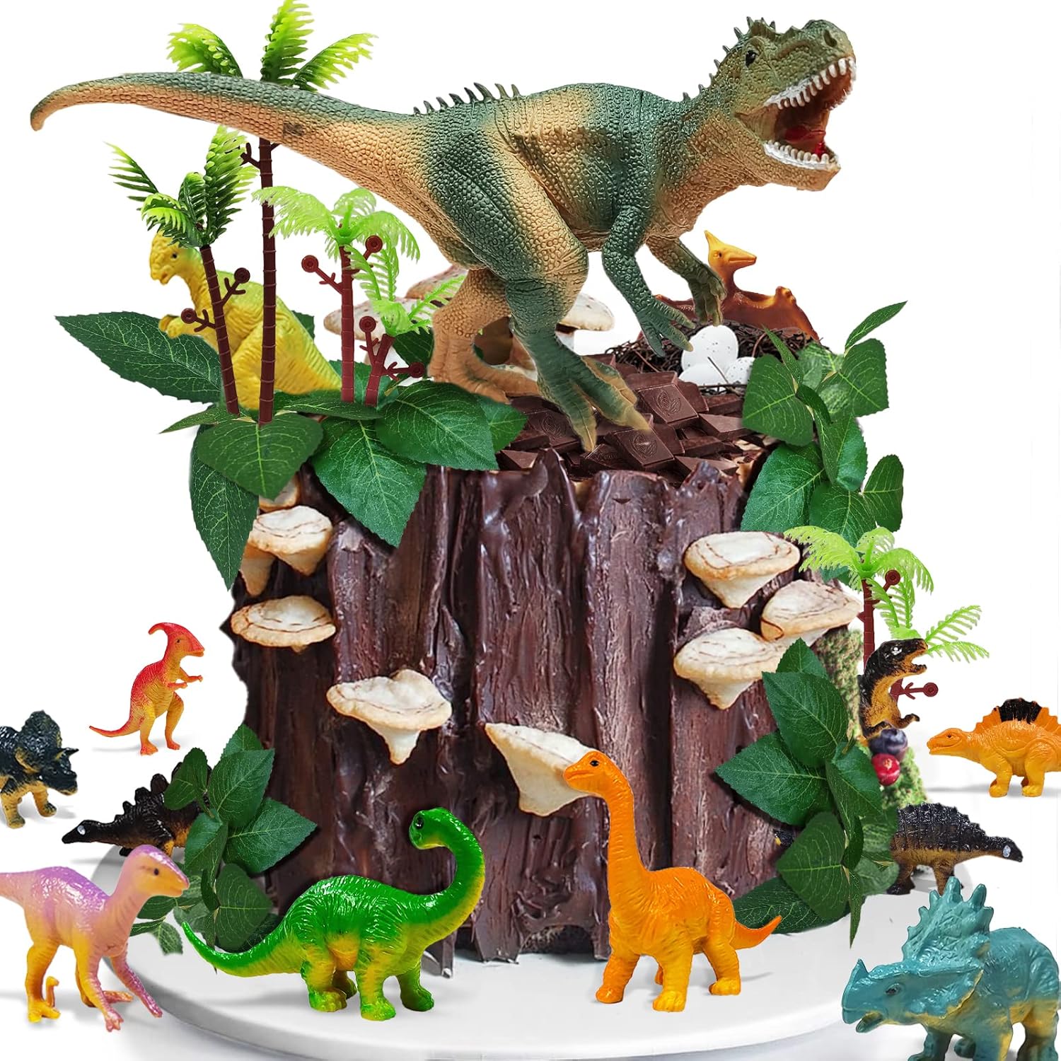 26 PCS Dinosaur Cake Toppers With Dinosaur Eggs Leaves Trees Cake Deco