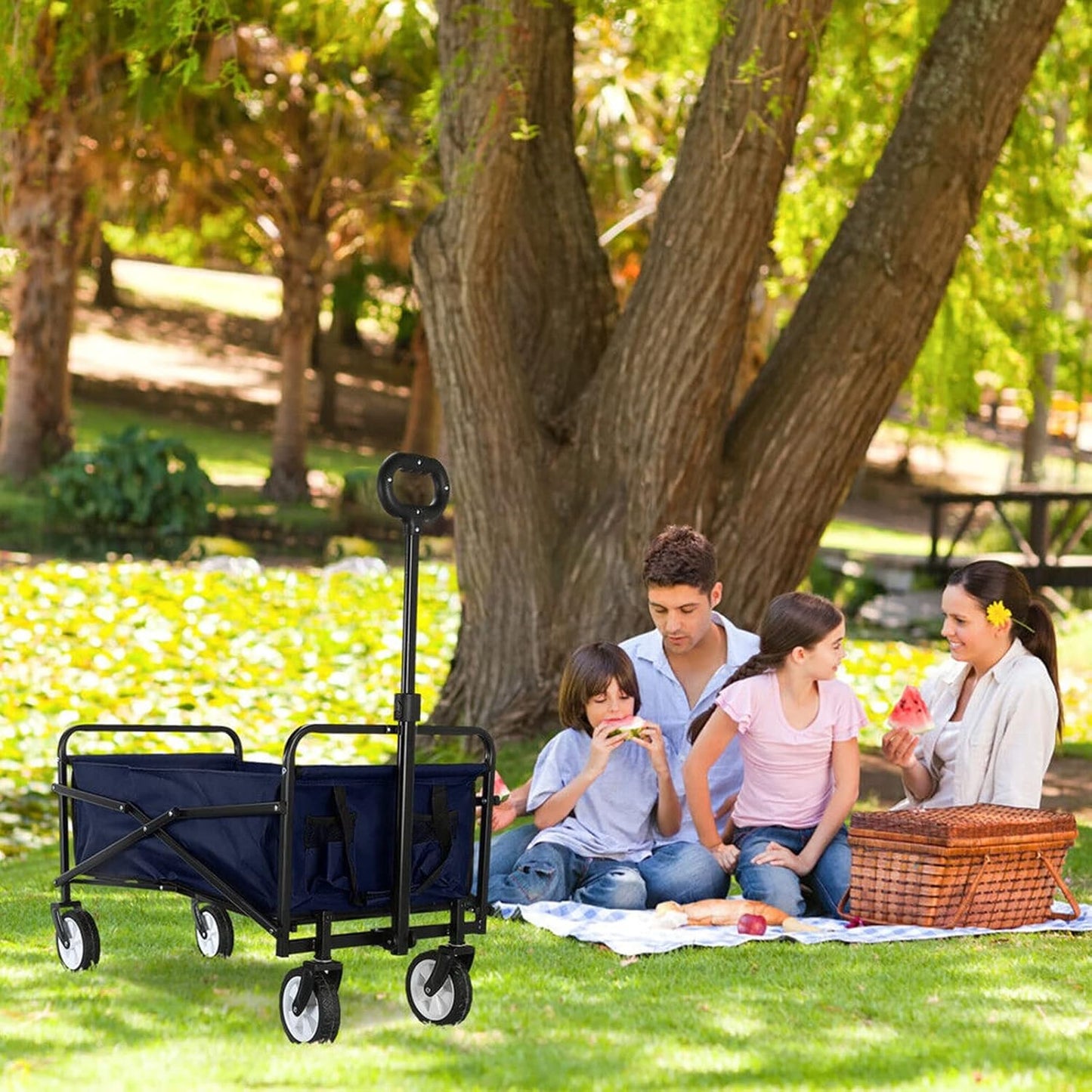 Adjustable Folding Garden Cart - Collapsible Utility Wagon for Outdoor Camping, Fishing, and Shopping - Heavy Duty 60kg/132lbs Capacity - Portable Blue Trailer
