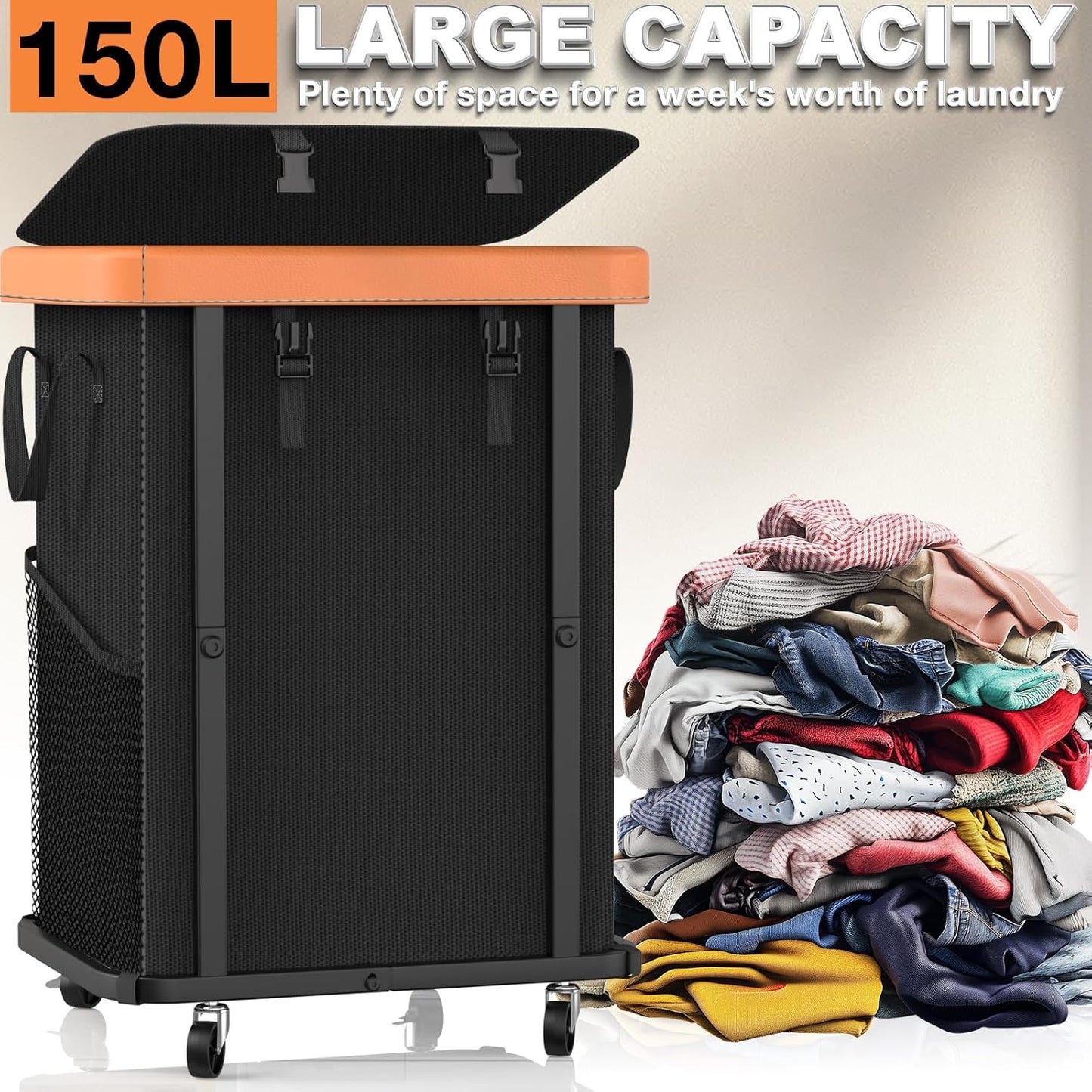 150L (40 Gal) Large Fashion Laundry Basket with Wheels, Leather Patchwork Rolling Hamper Carts, Sturdy Metal Frame, Removable Washable Bag, Tall Clothes Sorter for Bedroom, Laundry Room, Dorm - Black