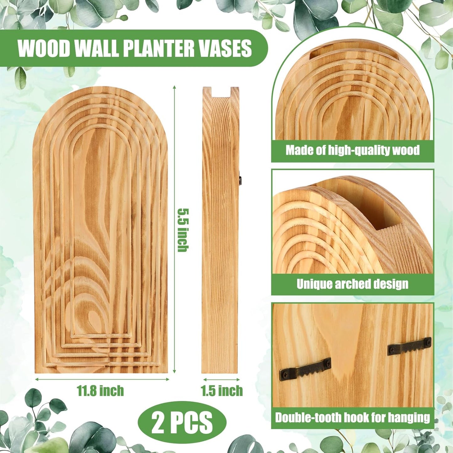 2 Pack 15" Wooden Wall Vase with 20 Pcs Artificial Eucalyptus Leaves Stems Planter, Boho Modern Farmhouse Bathroom Hanging Planter for Wedding, Hallway, Bedroom, Living Room