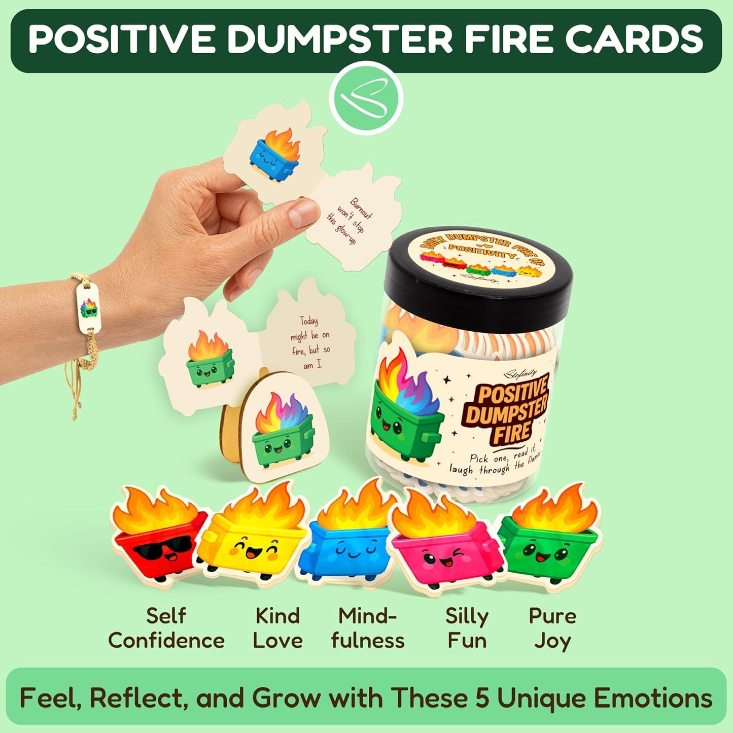 60 Positive Dumpster Fire Cards, Zen Garden Dumpster Fire Desk Accessories, Funny Coworker Gifts For Women, Cute Valentine Gifts For Coworkers, Friend, Daily Affirmation Jar For Office Decor