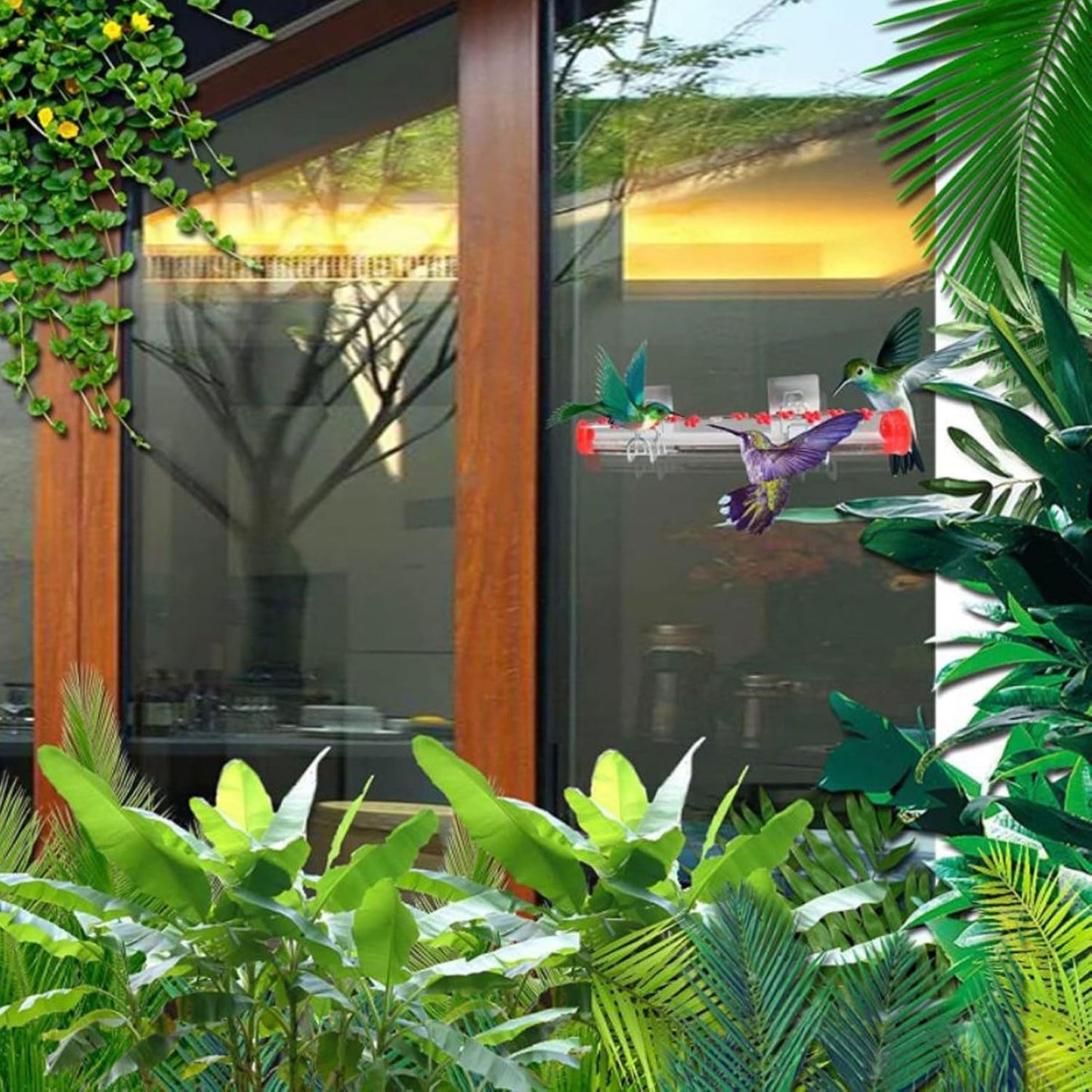 Pilipane Transparent 40cm Window Hummingbird Feeder, for Long-Lasting Acrylic, 14 Feeding Ports, Hummingbird Lovers