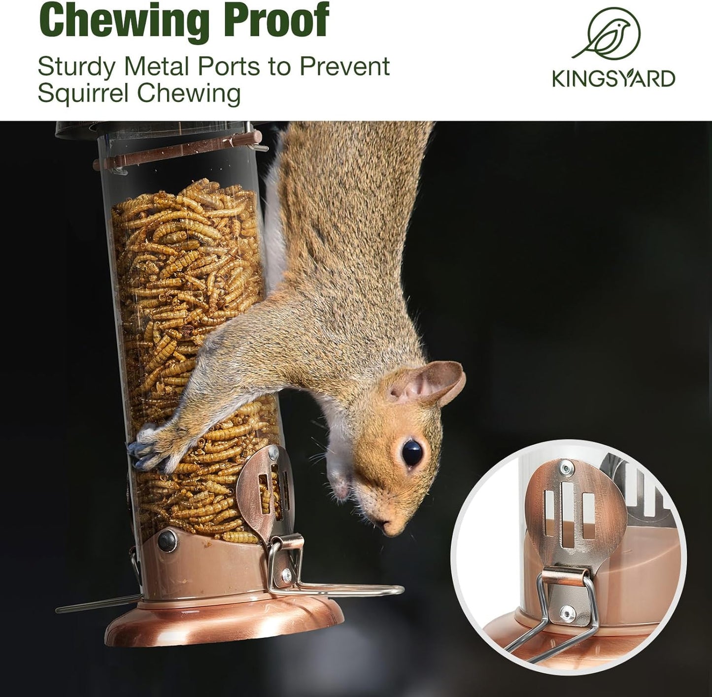 Kingsyard Upgraded Bluebird Feeder for Outdoors Hanging, Metal Mealworm Tube Bird Feeder with Widen Perch for Wild Birds, Squirrel Chew Proof, Easy to Refill & Clean(Copper)