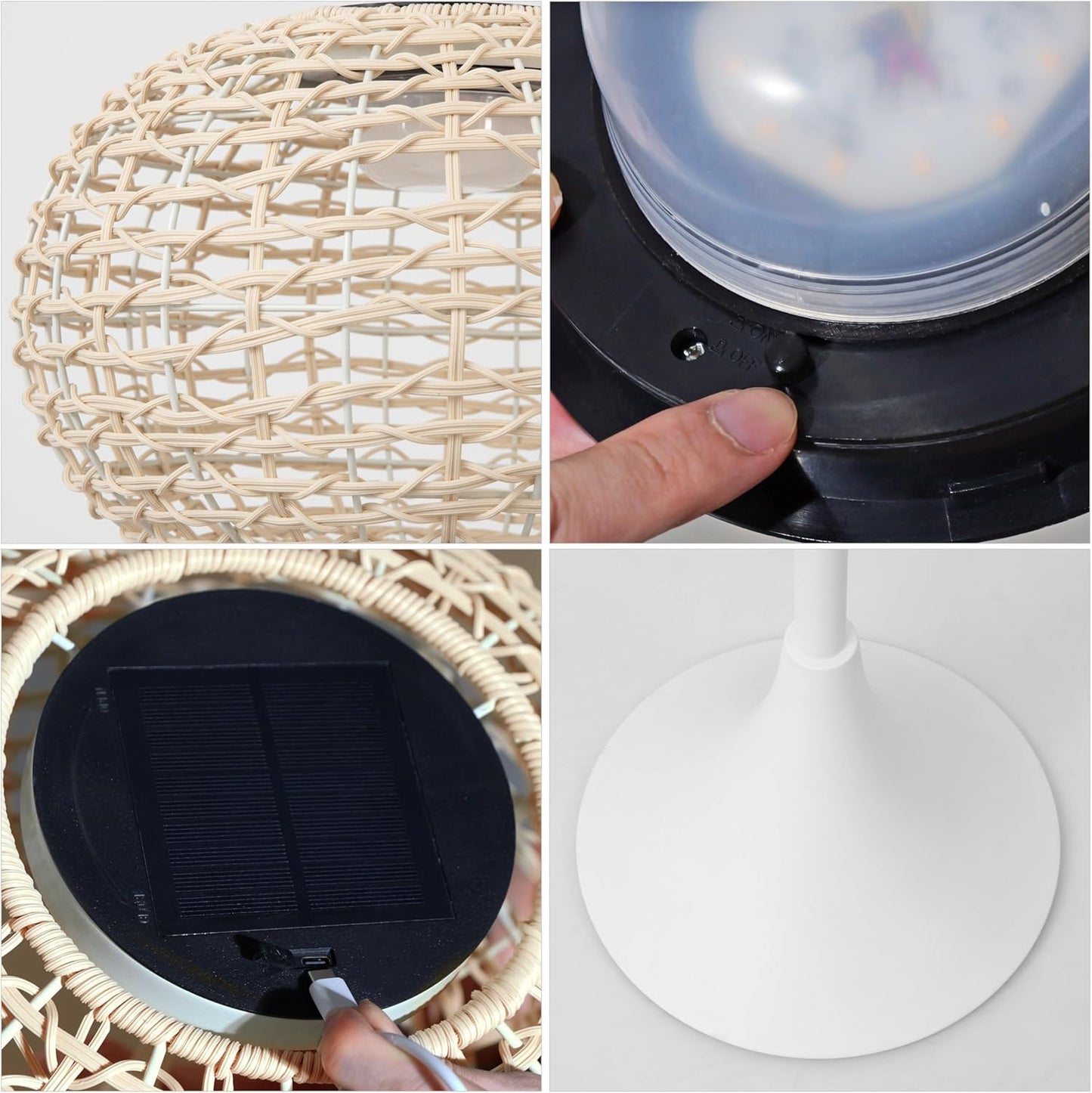 JONATHAN Y 58" White/Cream Modern Outdoor Solar Floor Lamp, Waterproof LED Standing Light for Patio, Deck, Porch, Faux Rattan Shade, USB-C Rechargeable, Coastal Decor (JYL2601B)