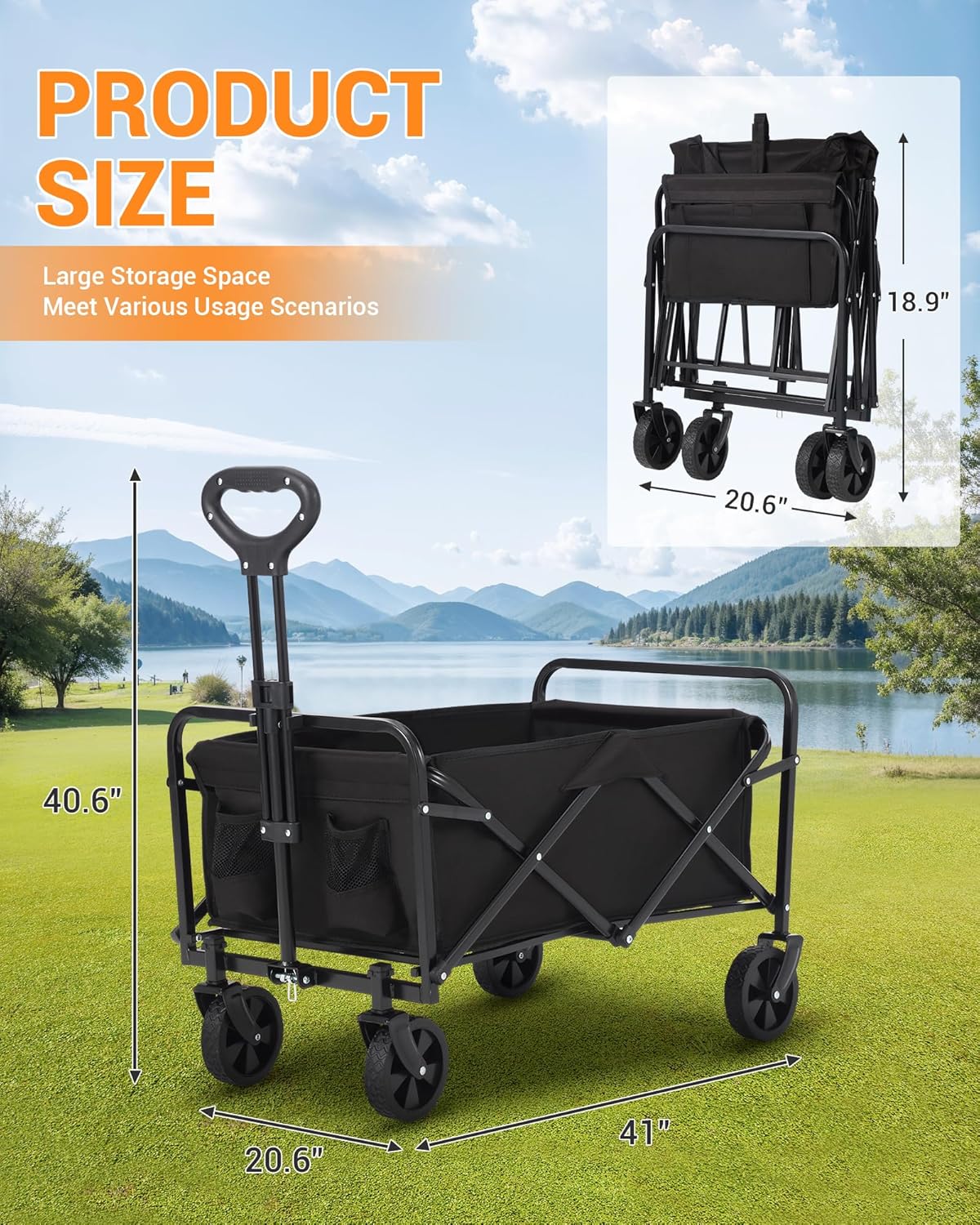 Wagon Cart Heavy-Duty 360LBS Foldable，All-Terrain Collapsible Utility Cart with 360° Wheels & Drink Holders for Beach, Camping, Gardening, Grocery (Black)