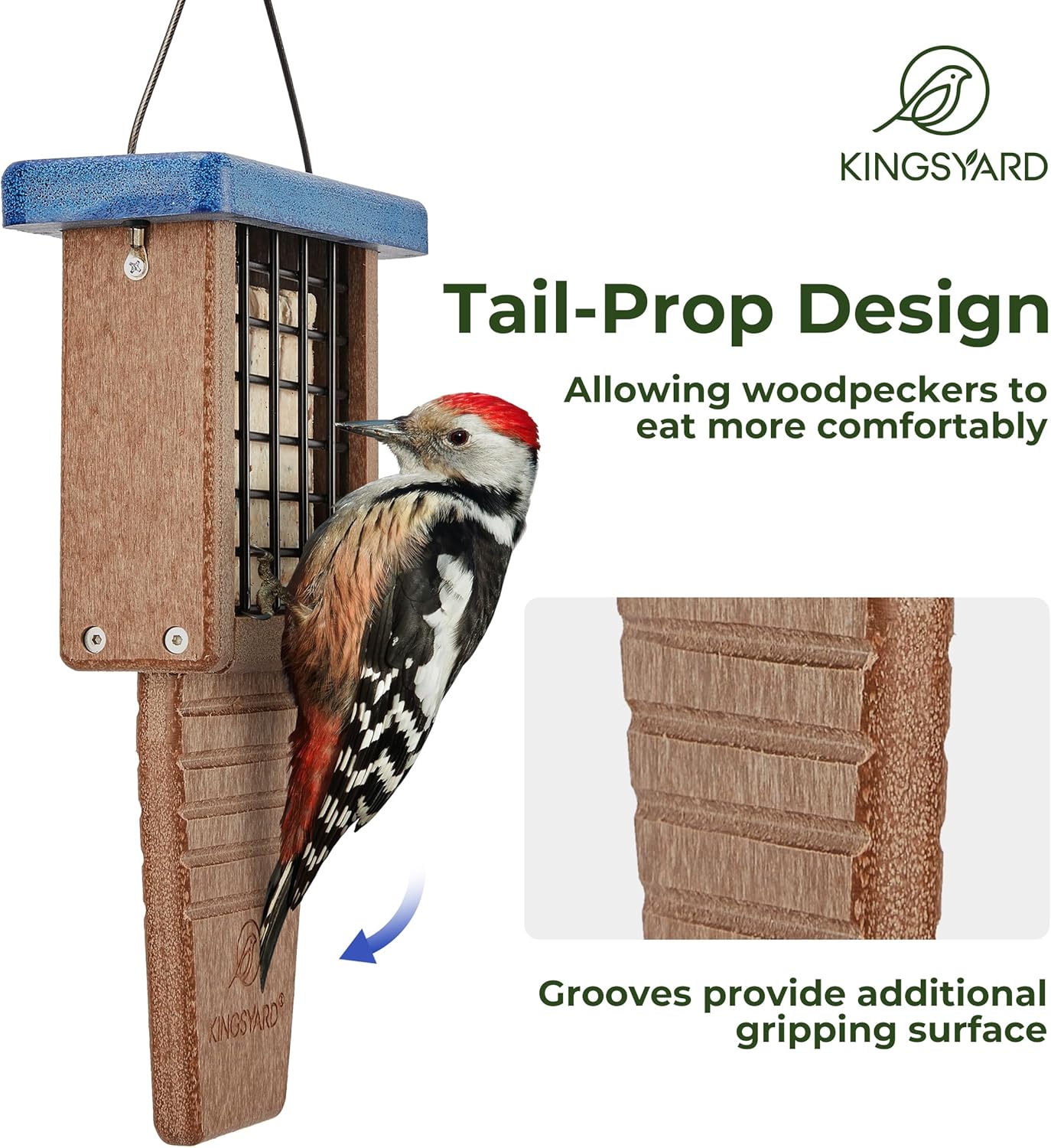 Kingsyard Recycled Plastic Suet Bird Feeder, Tail Prop Suet Feeder for Outside Hanging, Sturdy & Durable, Great for Woodpecker & Clinging Birds, Blue