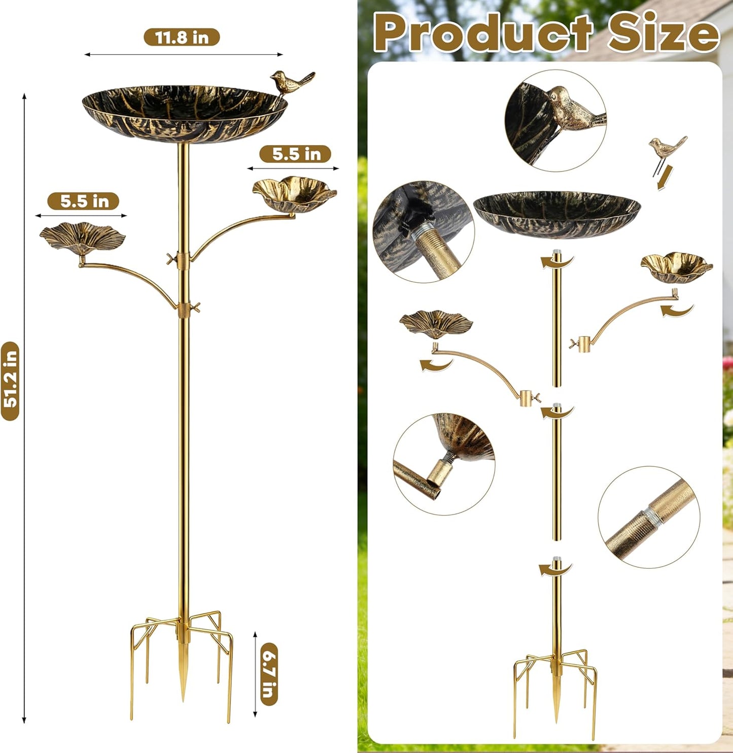 Triple Bowl Bird Bath for Outside, 3-in-1 Bird Bath & Feeder with 4-Claw Ground Stake, 51in Height, 11.8in Large Top Bowl, Outdoor Birdbath for Garden Patio Yard Decor, Antique Bronze