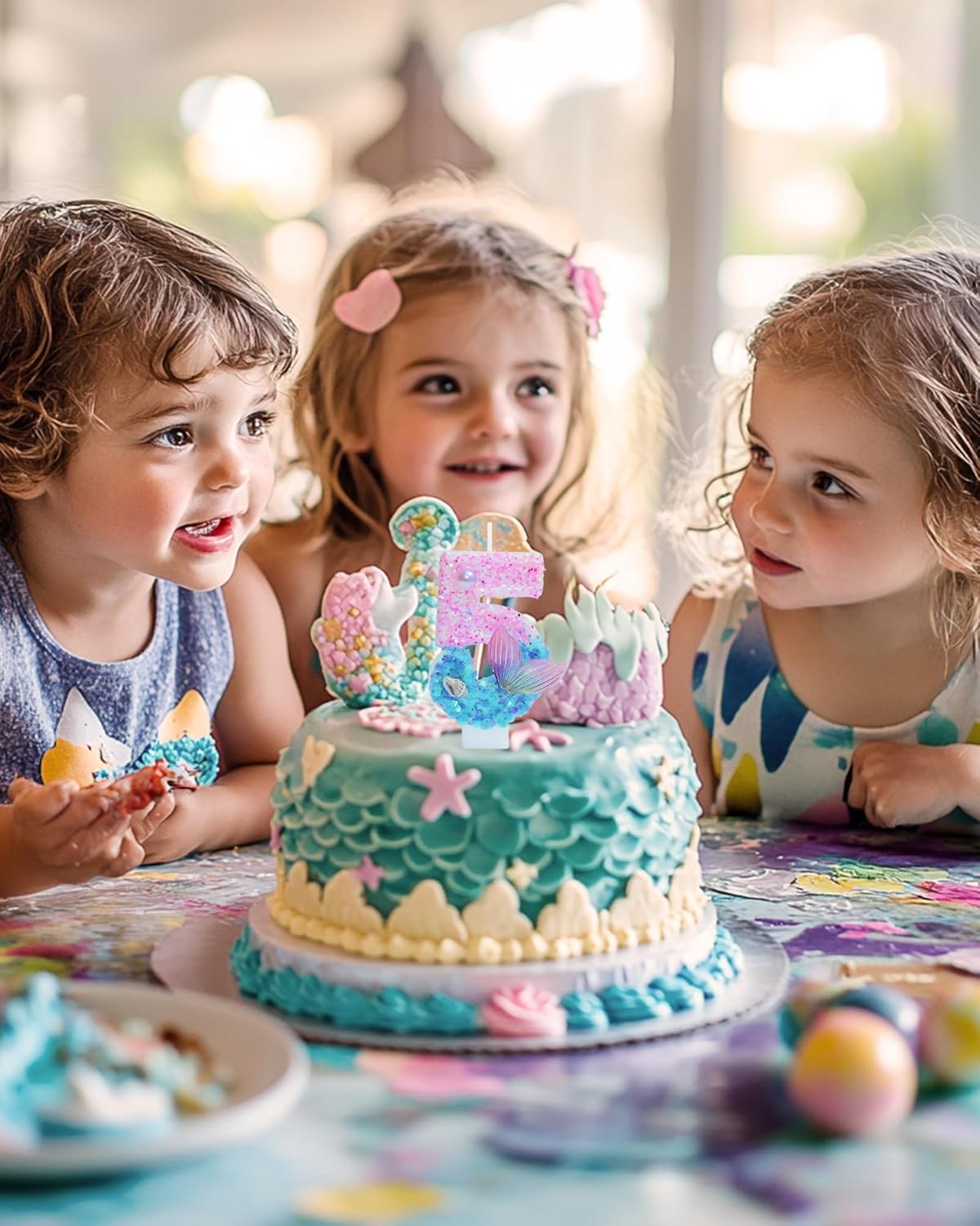 인어 테마 생일 양초, 숫자 5 여아용 글리터 생일 파티 용품, 기념일 파티 장식, 7.3cm(2.8인치) 케이크 토퍼 장식 (인어 테마, 숫자 5)