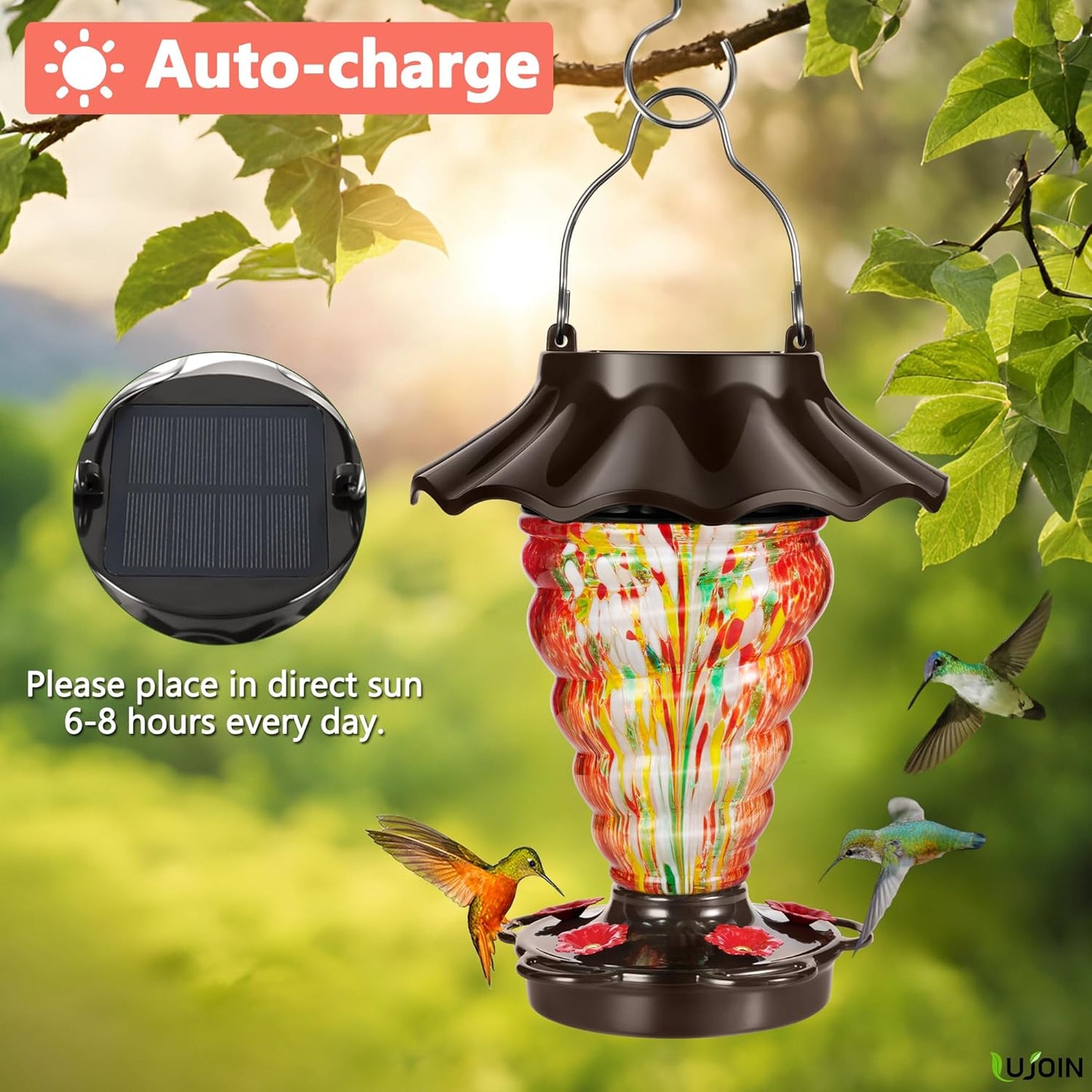 Solar Hummingbird Feeder for Outdoors Hanging, Lighted Hand Blown Glass with 9 Modes RGB Lights, 28 fl.oz, Leak Proof & Rustproof, Metal Cover with 5 Feeding Ports, Spiral Shaped, Red