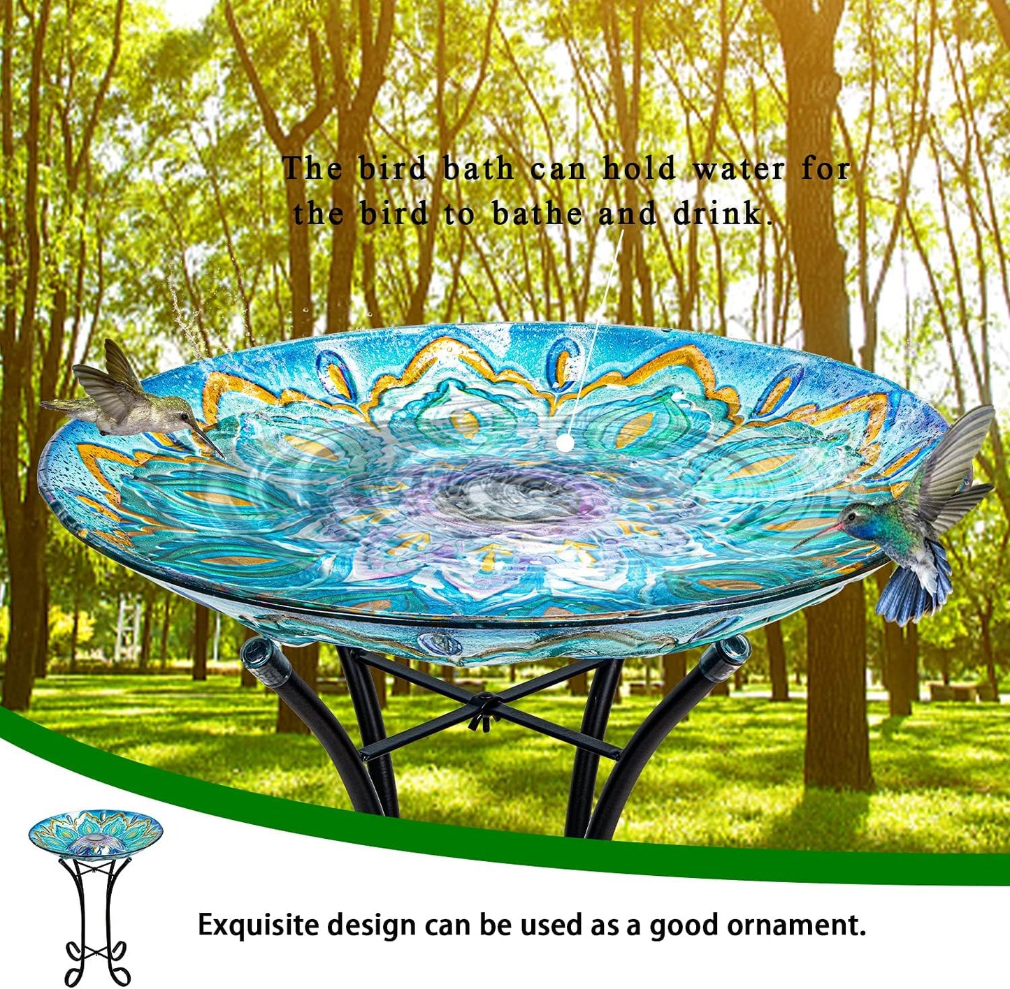 Glass Bird Bath Outdoor with Metal Stand for Lawn Yard Garden Decor Solar Large BirdBath Peacock Bird Feeder
