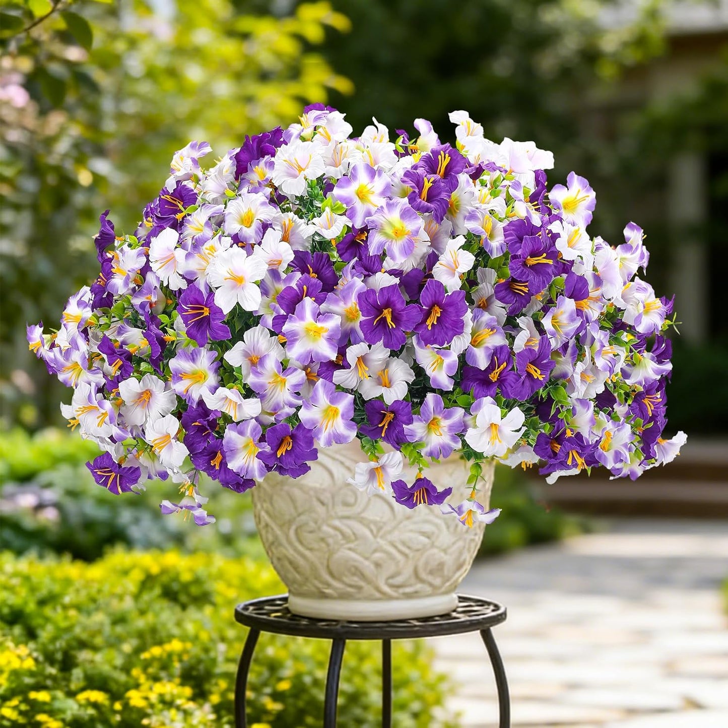 10PCS Outdoor Faux Petunia Flowers UV Resistant Artificial Fake Flowers Greenery Eucalyptus Plants for Spring Summer Garden Patio Window Box Planter Home Decor (Purple White)