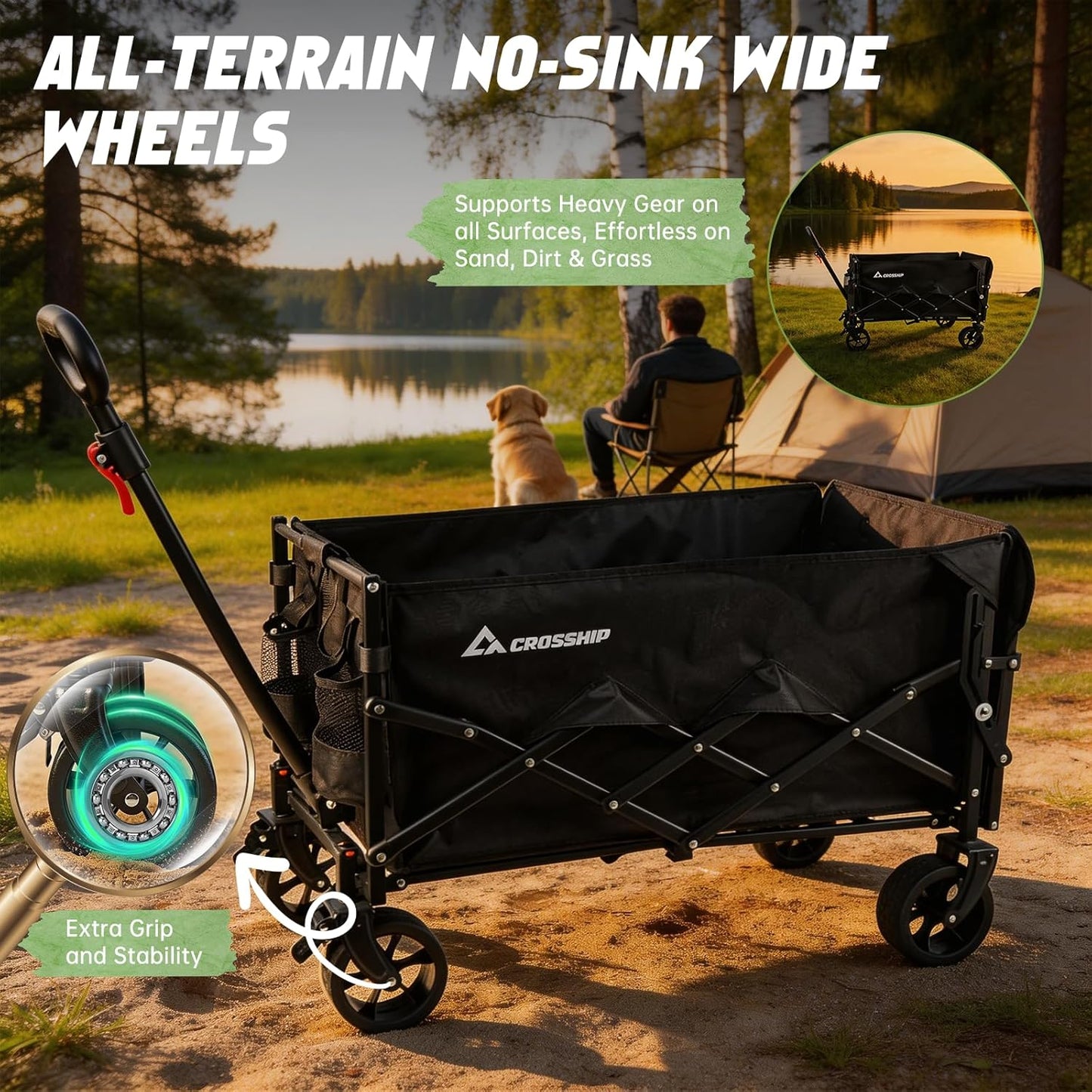 Collapsible Wagon Cart with Drop-Down Tailgate, 150L Heavy Duty Foldable Garden Cart 350 lbs Capacity, All-Terrain Wheels Utility Wagon for Beach, Camping, Long Items & Pet Transport