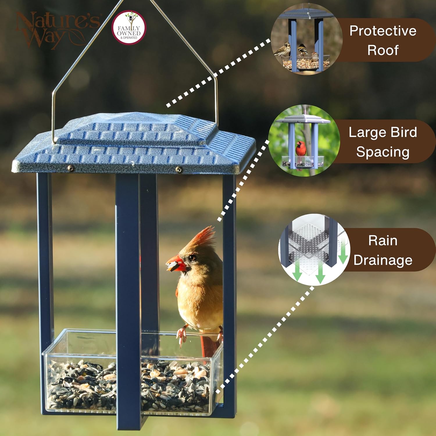 Nature's Way Fly-in Hanging Metal Fly Through Bird Feeder with Roof, 4