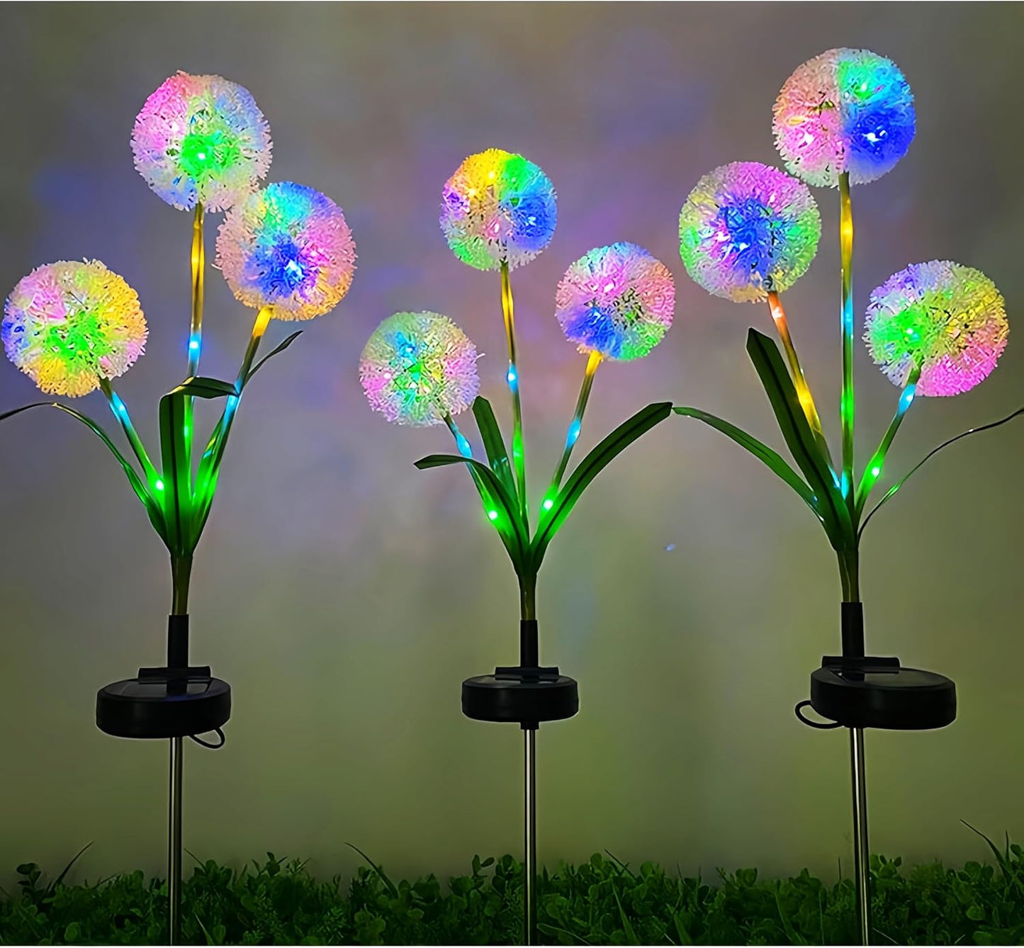 Dandelion Solar Garden Lights, 3-Head 2-Pack - Upgraded Outdoor Flower Lights, Color-Changing Waterproof Solar Outdoor Lights, Suitable for Pathways, Gardens, patios, backyards, Parties (Colored)