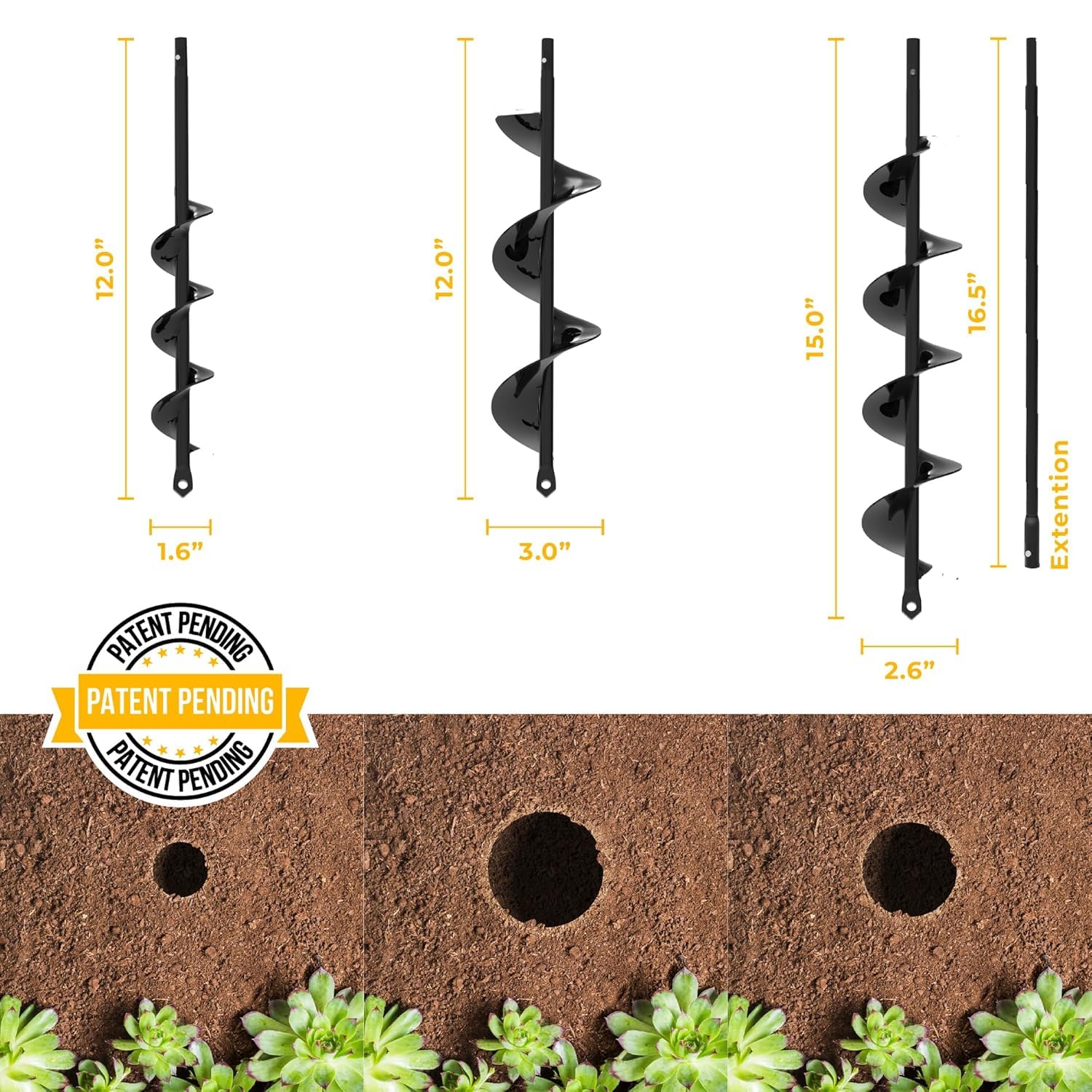 Auger Drill Bit for Planting 3 Pack with Extension - Spiral Hole Plant