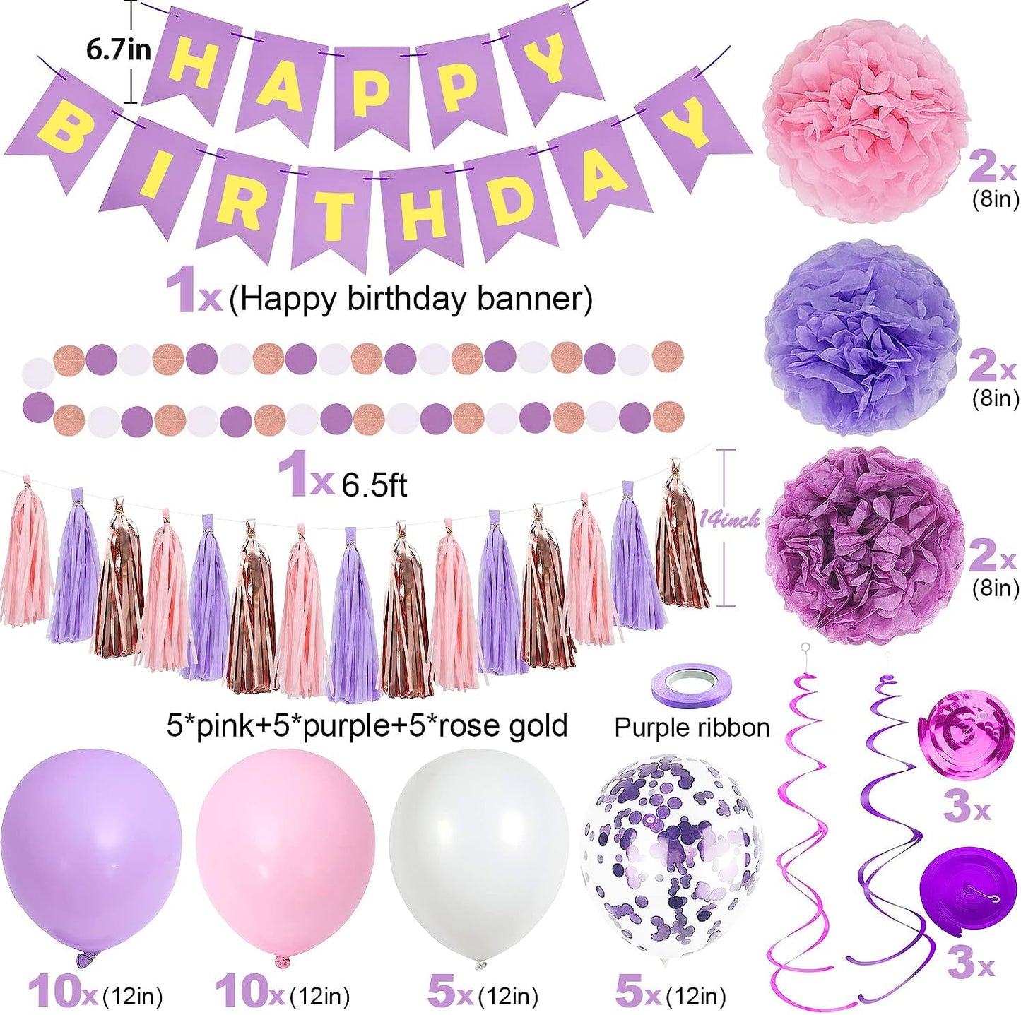 Purple Pink Birthday Party Decorations for Women Girls with Happy Birthday Banner,Hanging Swirls,Tissue Paper Pompoms,Circle Dots Garland,Tassel Garland Purple Balloons