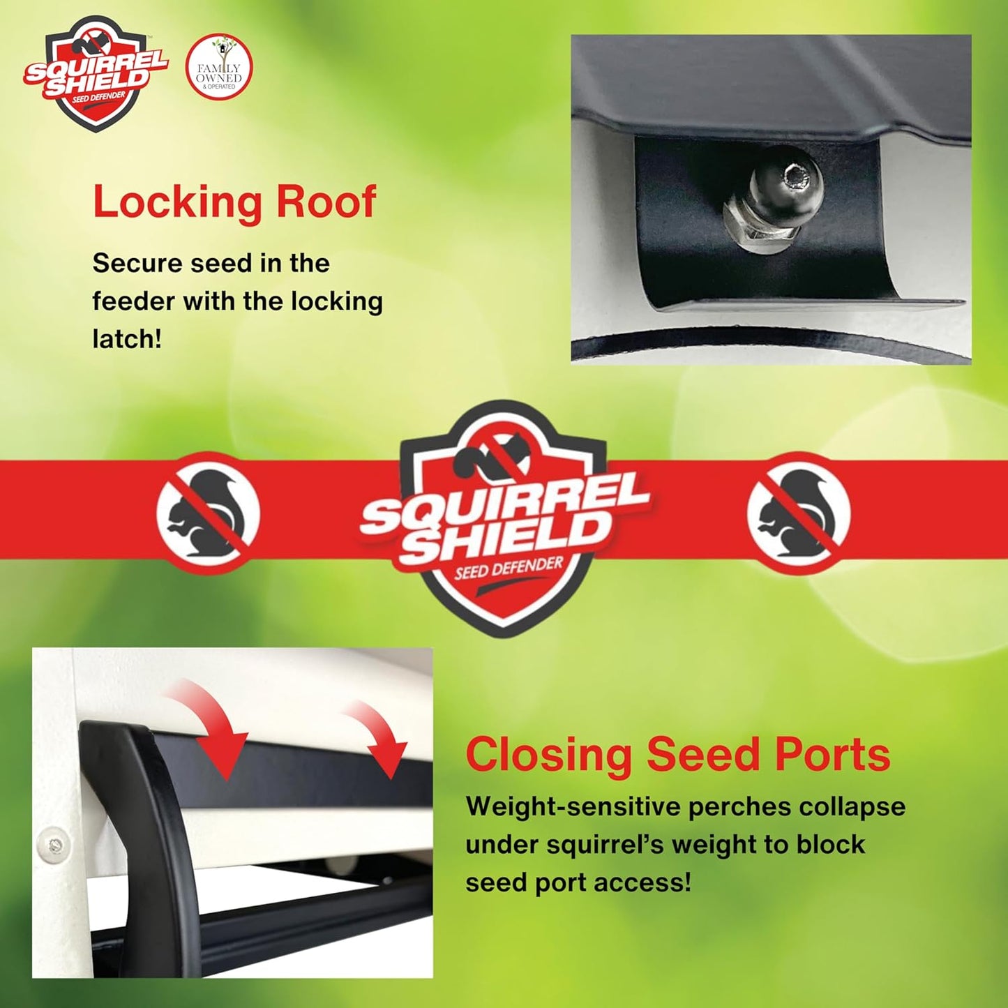 Squirrel Shield Metal Hopper Squirrel Proof Outdoor Wild Bird Seed Feeder, Hanging Bird Feeder, 2 Weight Activated Feeding Ports, Easy to Fill Roof Opening, White