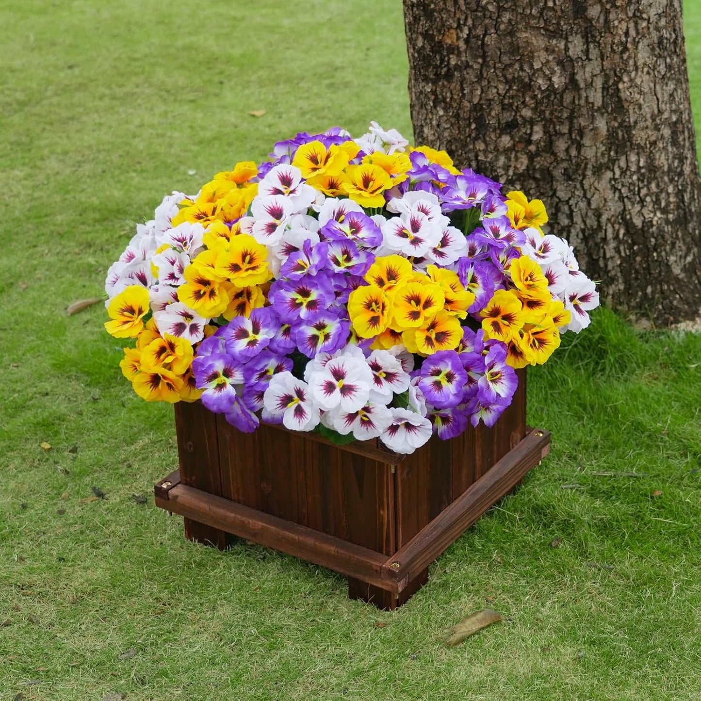 Artificial Flowers for Outdoor, 9 Bundles Silk Faux Pansies Fowers,UV Resistant Fake Pansy Flowers for Outdoor Planters Home Garden Office Patio Front (Yellow/Purple/White)