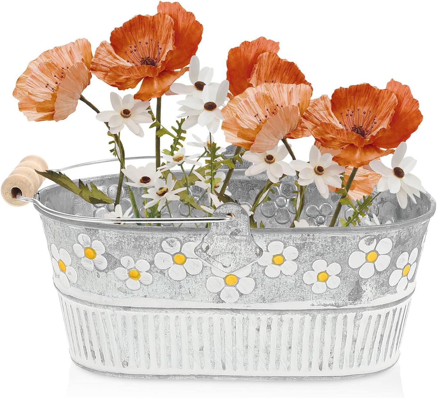 Milisten 2pcs Retro Embossed Daisy Iron Flower Buckets Oval Vintage Pl