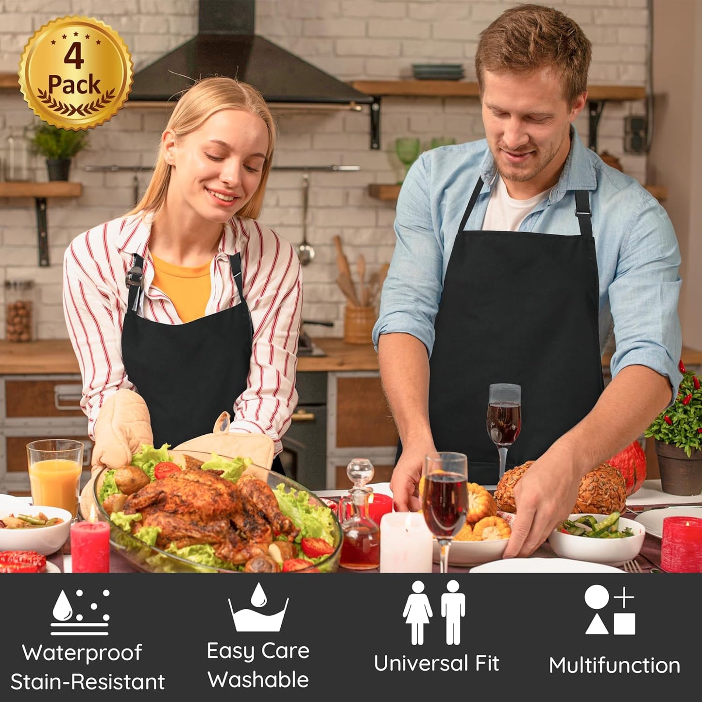 4 Packs Chef Apron, Black Waterproof Apron, Adjustable Aprons with 2 P