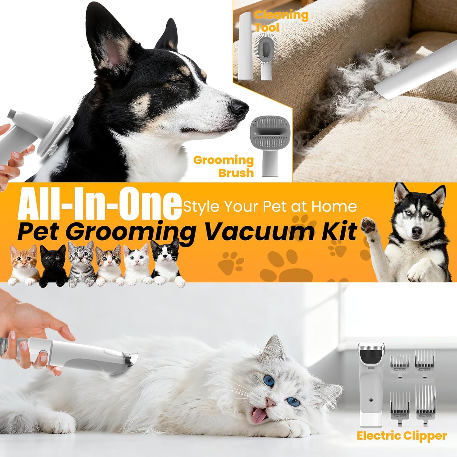 Dog Grooming Vacuum, All-in-One Pet Grooming Kit with Hair Clipper & S