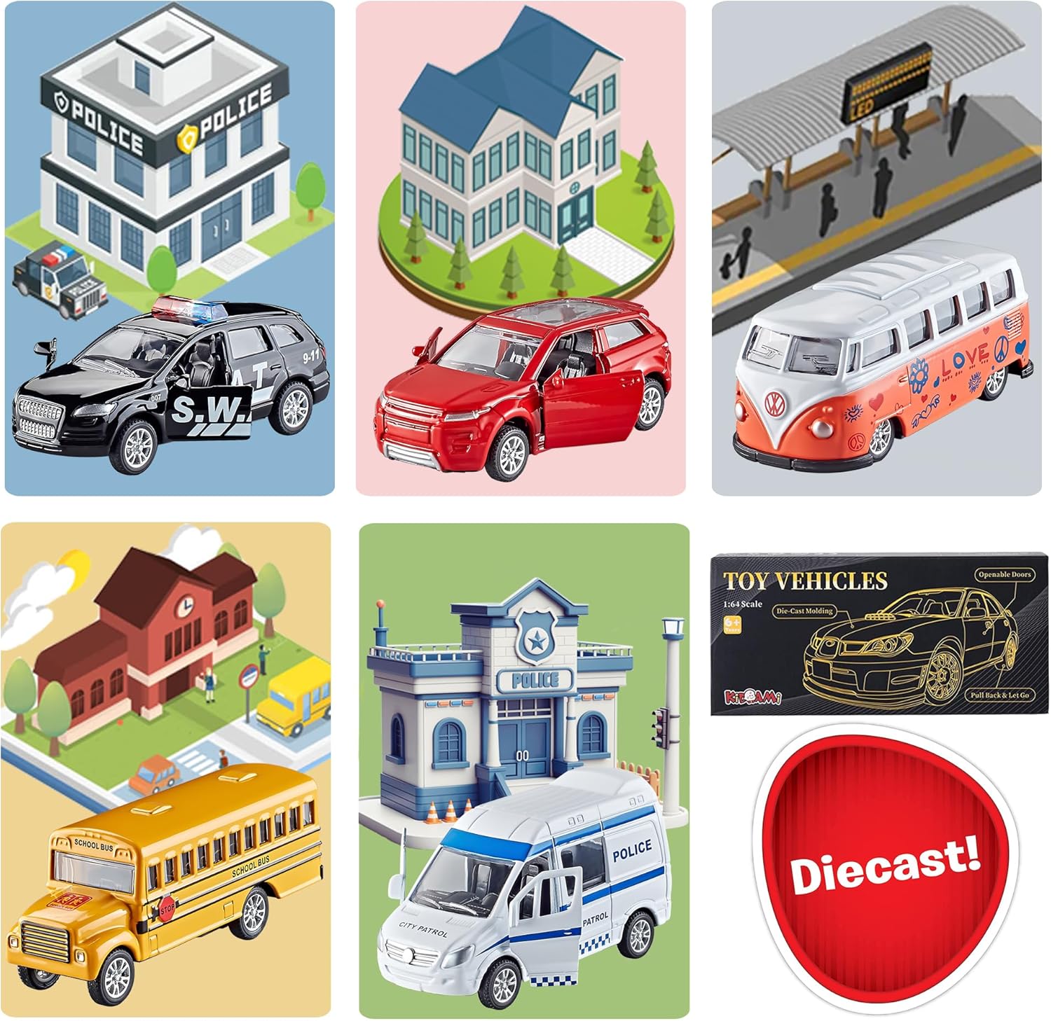 KIDAMI Die-cast Metal Toy Cars Set of 5, Openable Doors, Pull Back Car