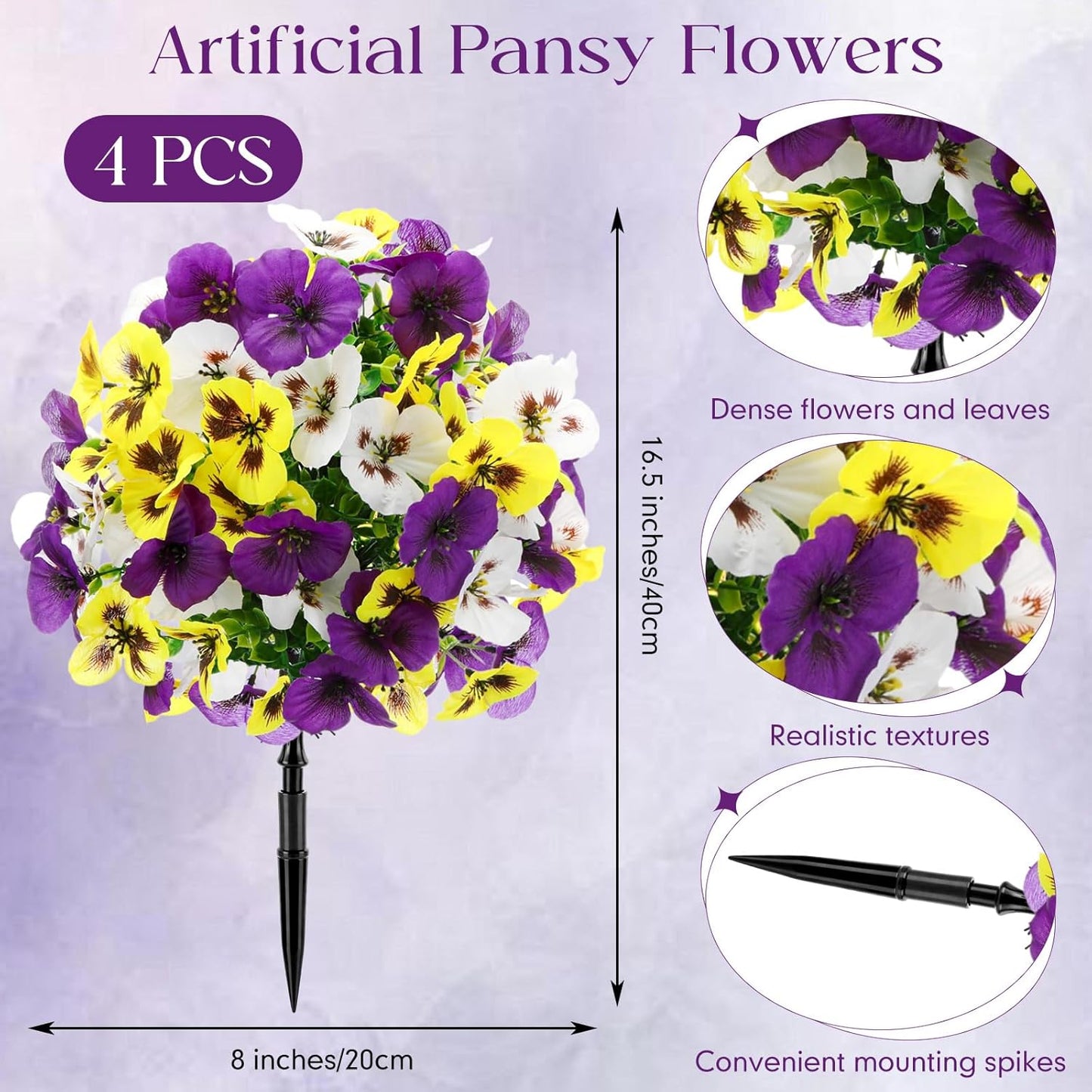 Retrowavy 4 Pcs Artificial Pansy Flowers for Outdoor, Artificial Topiary Boxwood Fake Silk Pansies Bushes for Spring Yard Garden Patio Porch Planters Pots Window Decor (8 x 16.5,Purple,Yellow,White)