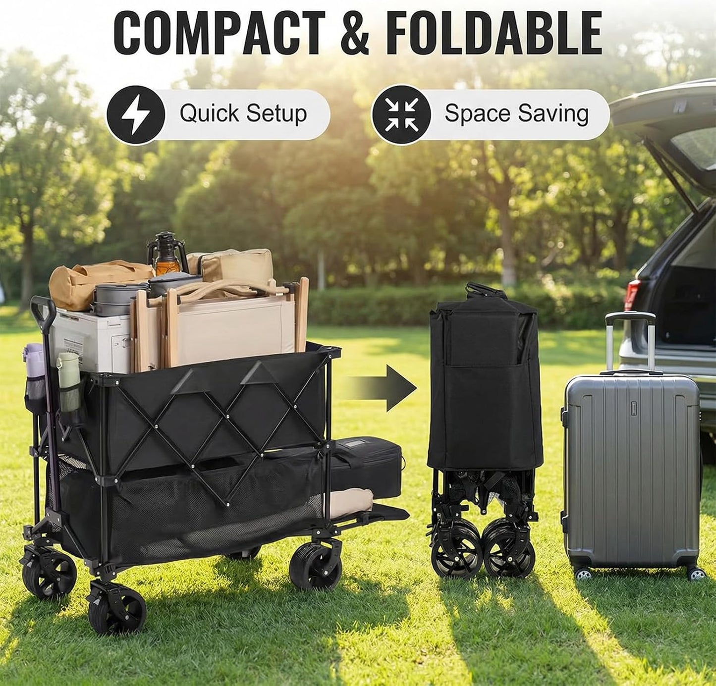 Double Decker Wagon with Table, 600lb 400L 54'' Extra Long Heavy Duty Wagons Carts Foldable with Tailgate, Utility Folding Cart Big All-Terrain Wheels with Brakes for Camping, Fishing, Beach, Outdoor
