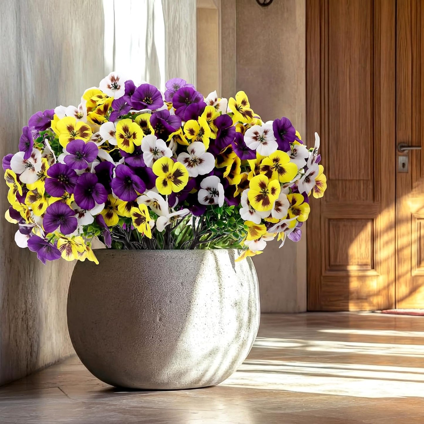 Retrowavy 4 Pcs Artificial Pansy Flowers for Outdoor, Artificial Topiary Boxwood Fake Silk Pansies Bushes for Spring Yard Garden Patio Porch Planters Pots Window Decor (8 x 16.5,Purple,Yellow,White)