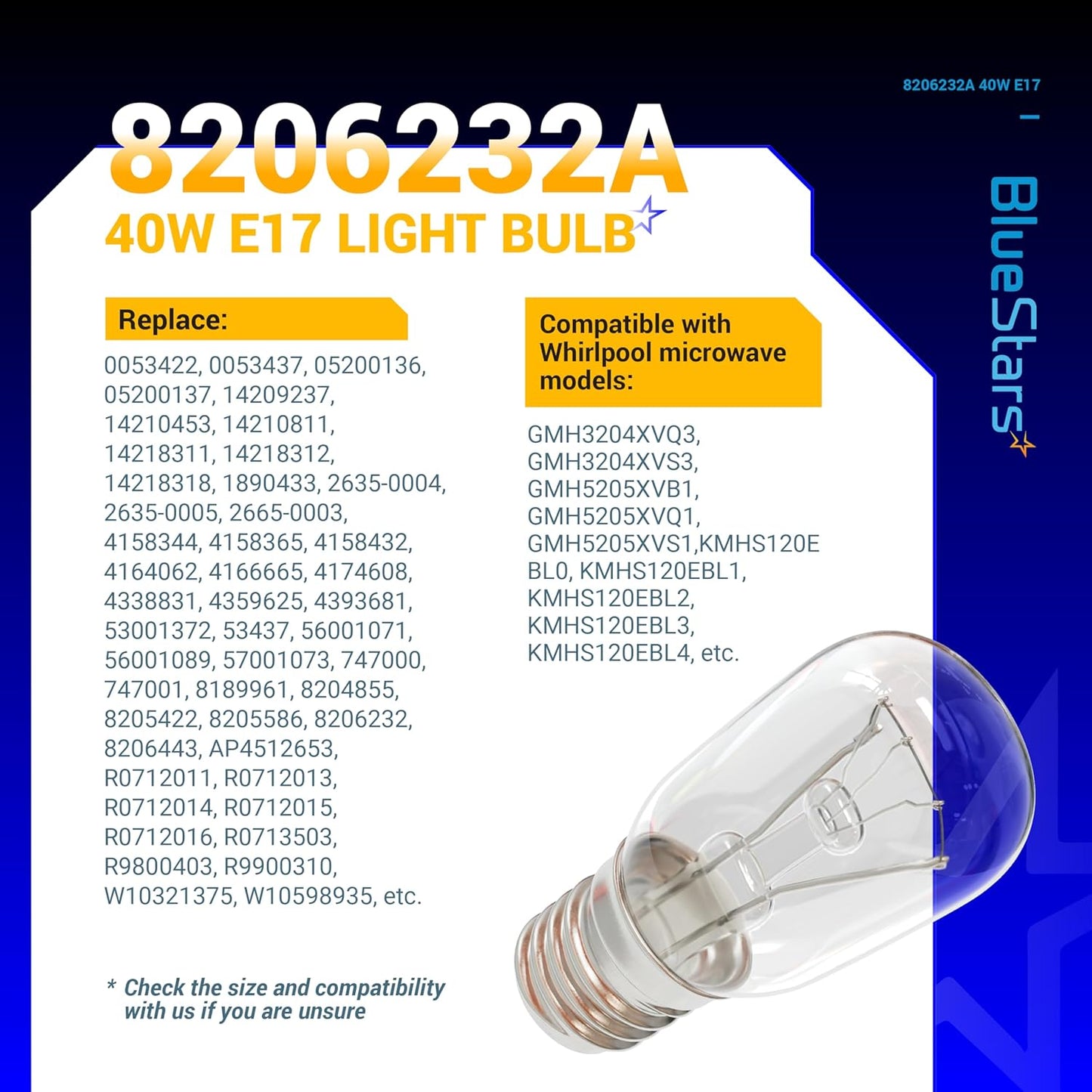 BlueStars 8206232A KEI 125V 40W Microwave Bulb E17 Base, Compatible with Whirlpool Microwave Light Bulb Under Hood, Lava Lamp, Salt Lamp Bulbs, Replaces 1890433 8206232 AP4512653, 3 Packs
