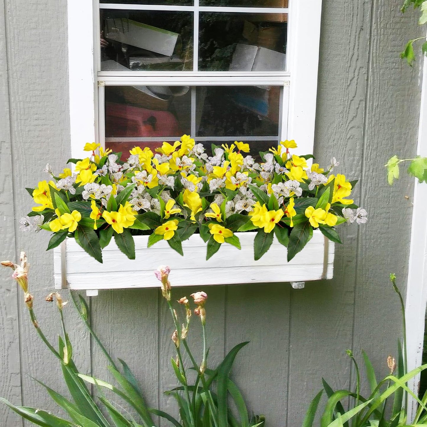 6 Pcs Artificial Flowers for Outdoors Impatiens Yellow Silk Violet Daisies Flowers Outside White UV Resistant Faux Impatiens Flowers for Outdoor Planters Pot Patio Hanging Basket Porch Decor
