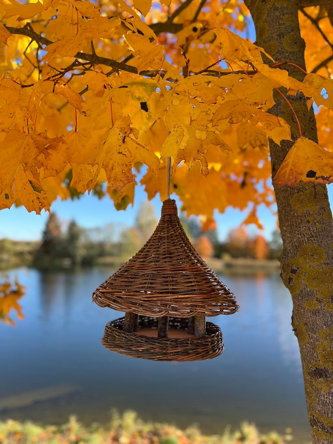 Handmade Wicker Bird Feeder with Roof 15 x 14.6 in – Rustic Willow Hanging Garden Feeder for Patio, Balcony and Yard
