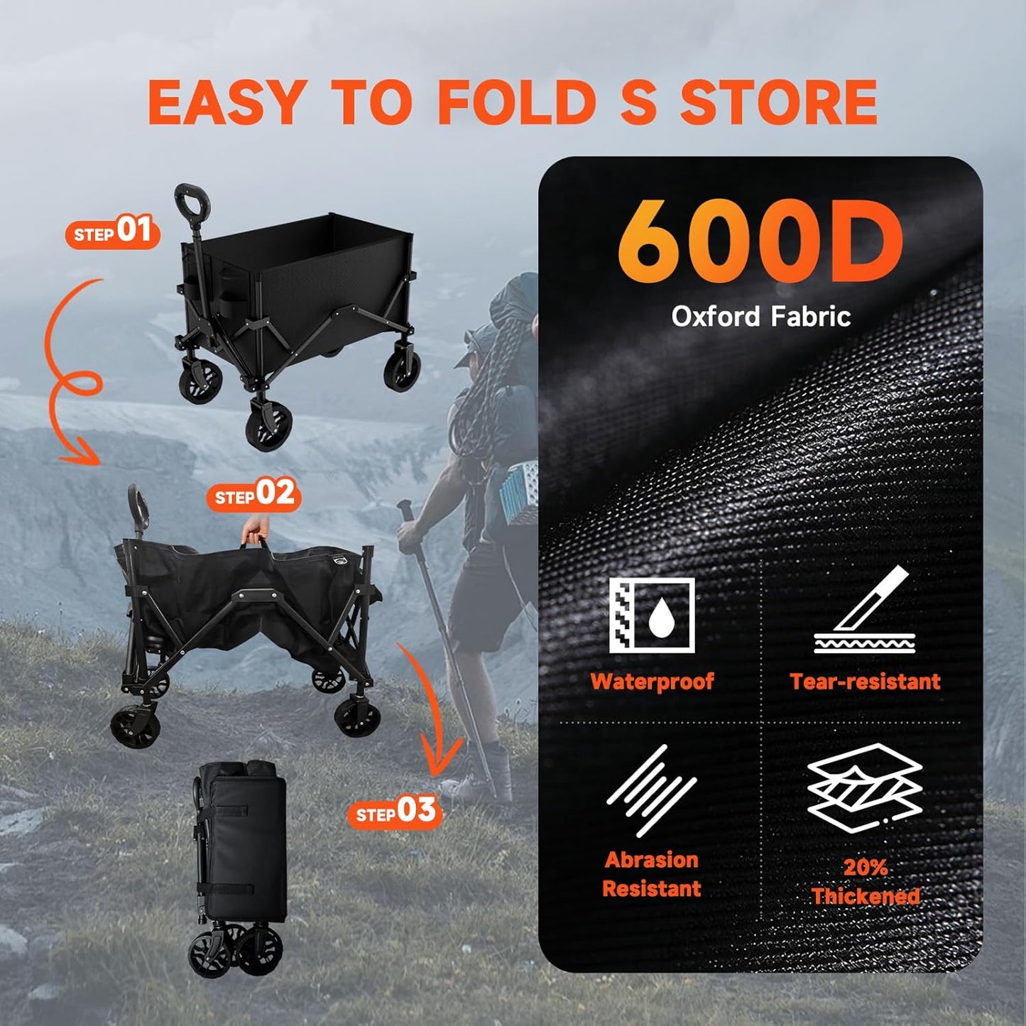 Collapsible Folding Wagon, Wagon Cart Heavy Duty Foldable with Two Drink Holders, Utility Grocery Wagon for Camping Shopping Sports