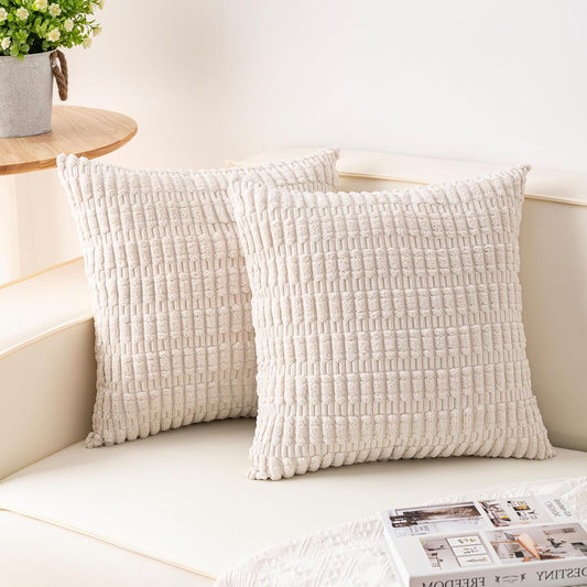 Pack of 2 Corduroy Decorative Throw Pillow Covers 18x18 Inch Soft Striped Pillow Covers Modern Farmhouse Home Decor for Sofa Living Room Couch Bed(Cream White)