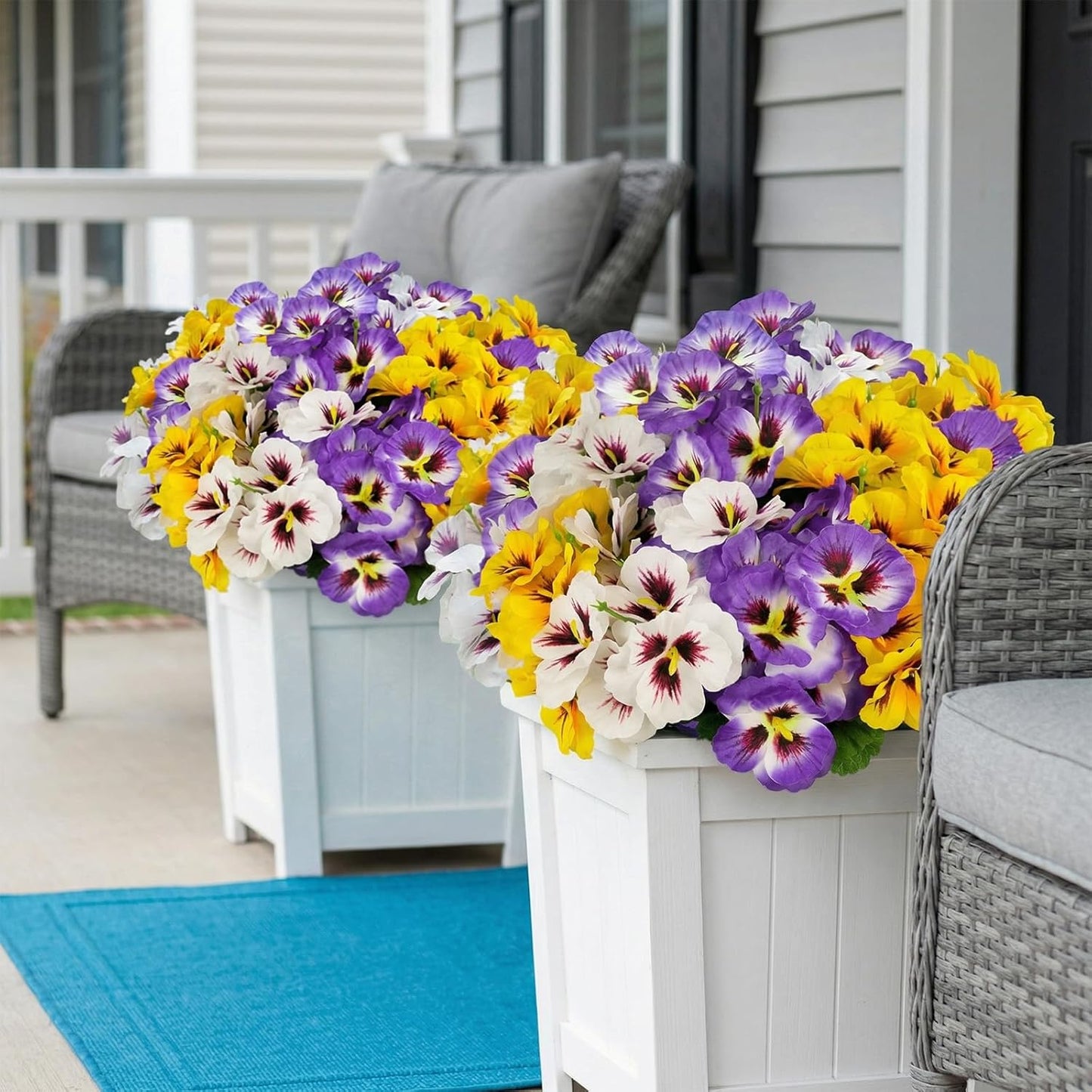 Artificial Flowers for Outdoor, 9 Bundles Silk Faux Pansies Fowers,UV Resistant Fake Pansy Flowers for Outdoor Planters Home Garden Office Patio Front (Yellow/Purple/White)