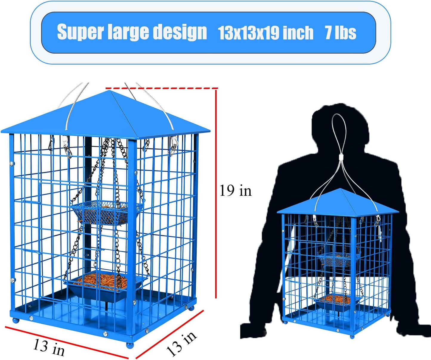 Bluebird Feeders Squirrel-Proof, 7 lbs, Large Heavy Metal Caged Mealworms Blue Bird Feeders for Outside, Weatherproof Wild Bird Feeder,2 Layer Seed Cups(Blue)