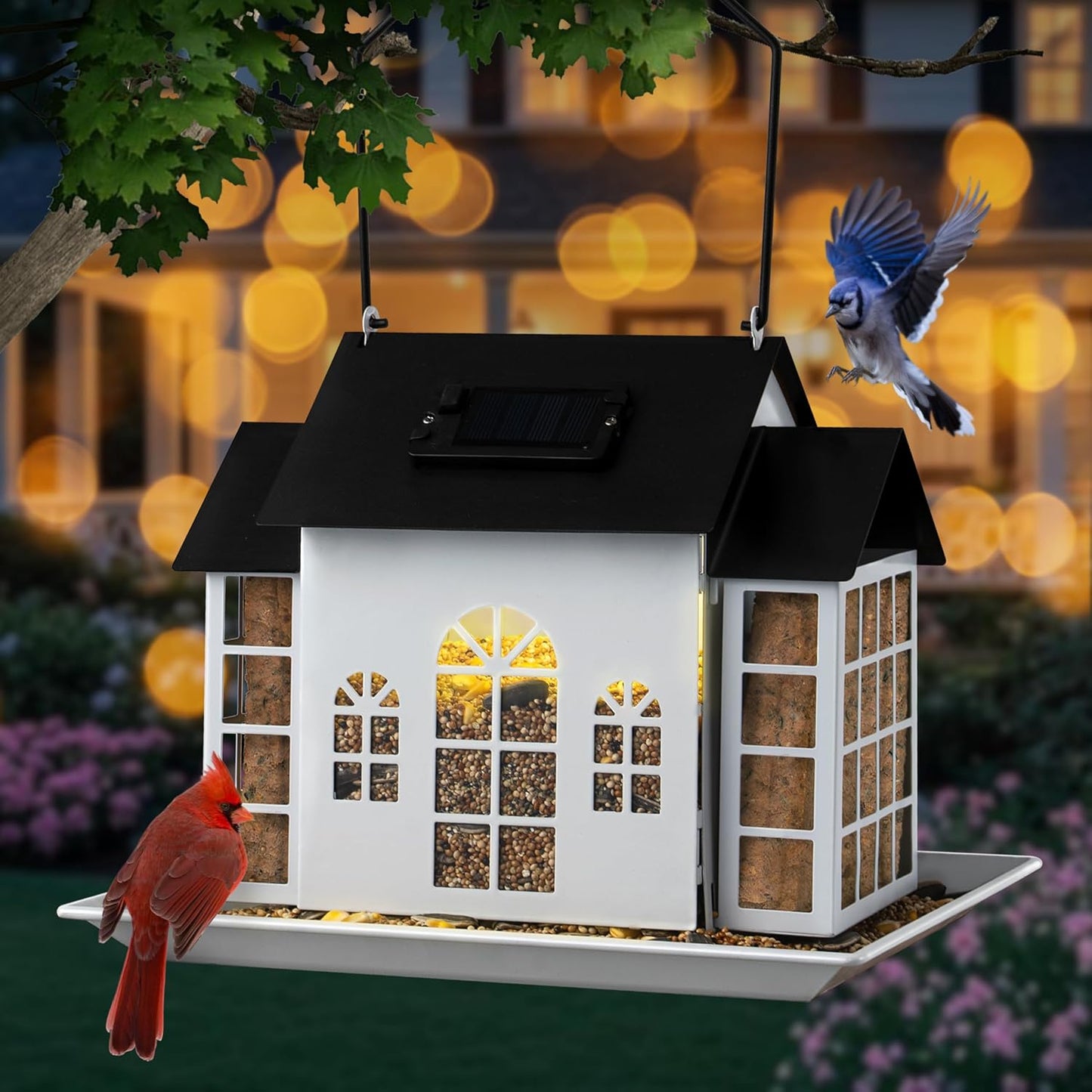 Solar Bird Suet Feeder House for Outdoors Hanging,Solar Metal Large Capacity Birdfeeders Hanging Outside,Cardinal Wild Large Bird Feeder with Suet Cages,Garden Decor,Gift for Mom Grandma