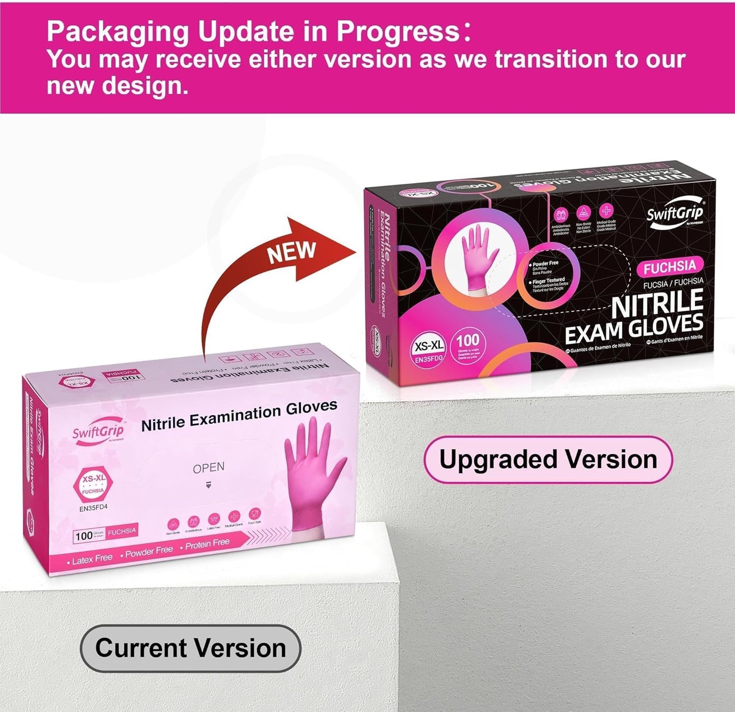 Powder-Free Nitrile Gloves, 3-mil, Disposable Nitrile Gloves, Latex-Free, Powder-Free - Pink/Fuchsia