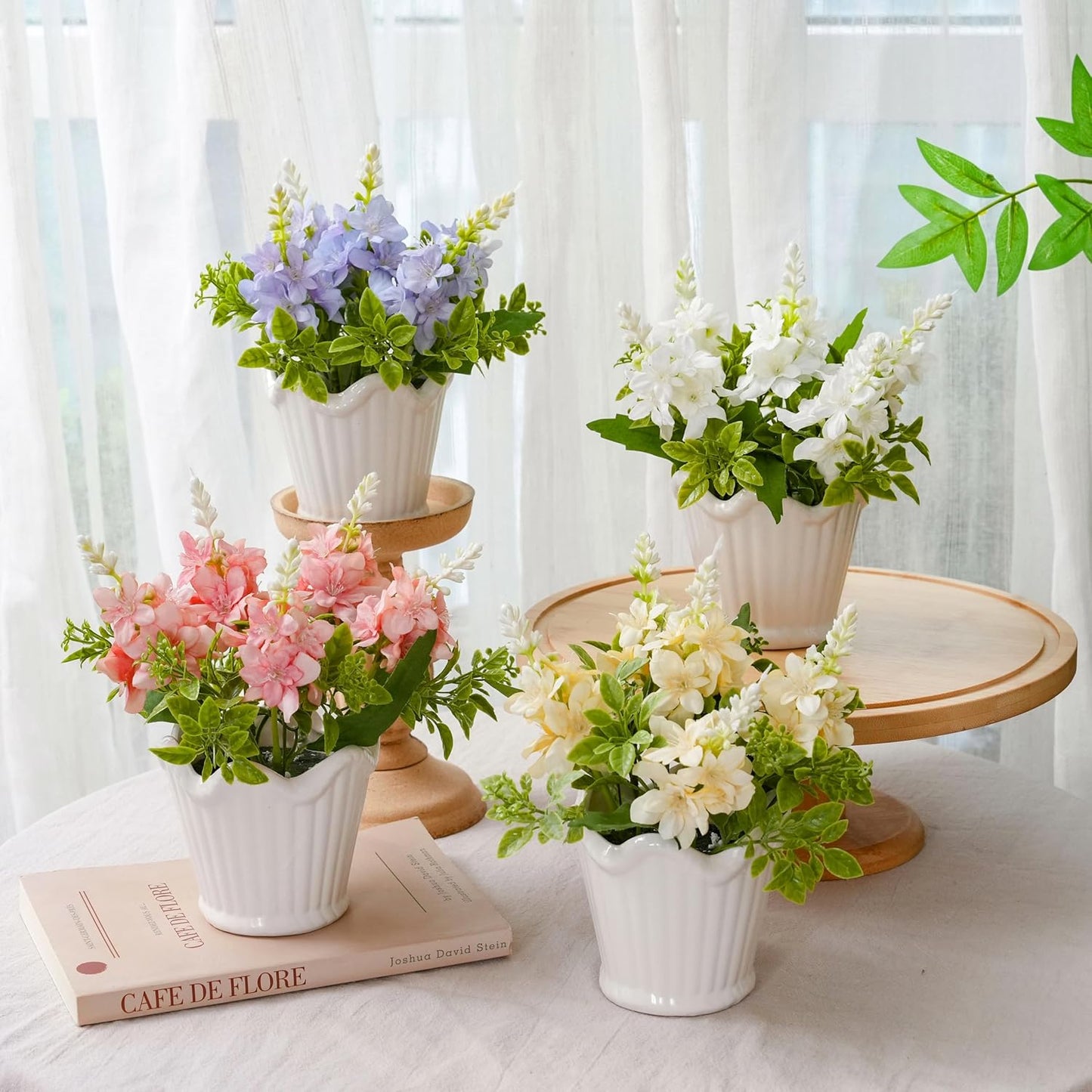 LUEUR 4PCS Artificial Spring Flower with Ceramic Pot, Spanish Dagger Plants Centerpiece Table Decorations – Faux Plants in Ceramic Planters for Dining Table, Coffee Table, Home, Office & Spring Decor