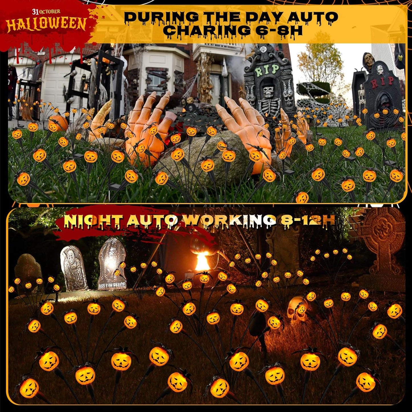 Halloween Decorations Outdoor 2 Pack Solar Lights, 12 LED Scary Pumpkin Swaying Firefly Lights with Spider & Bats for Outside Garden Yard Lawn Grave Cemetery Ghost Decor Party, Orange
