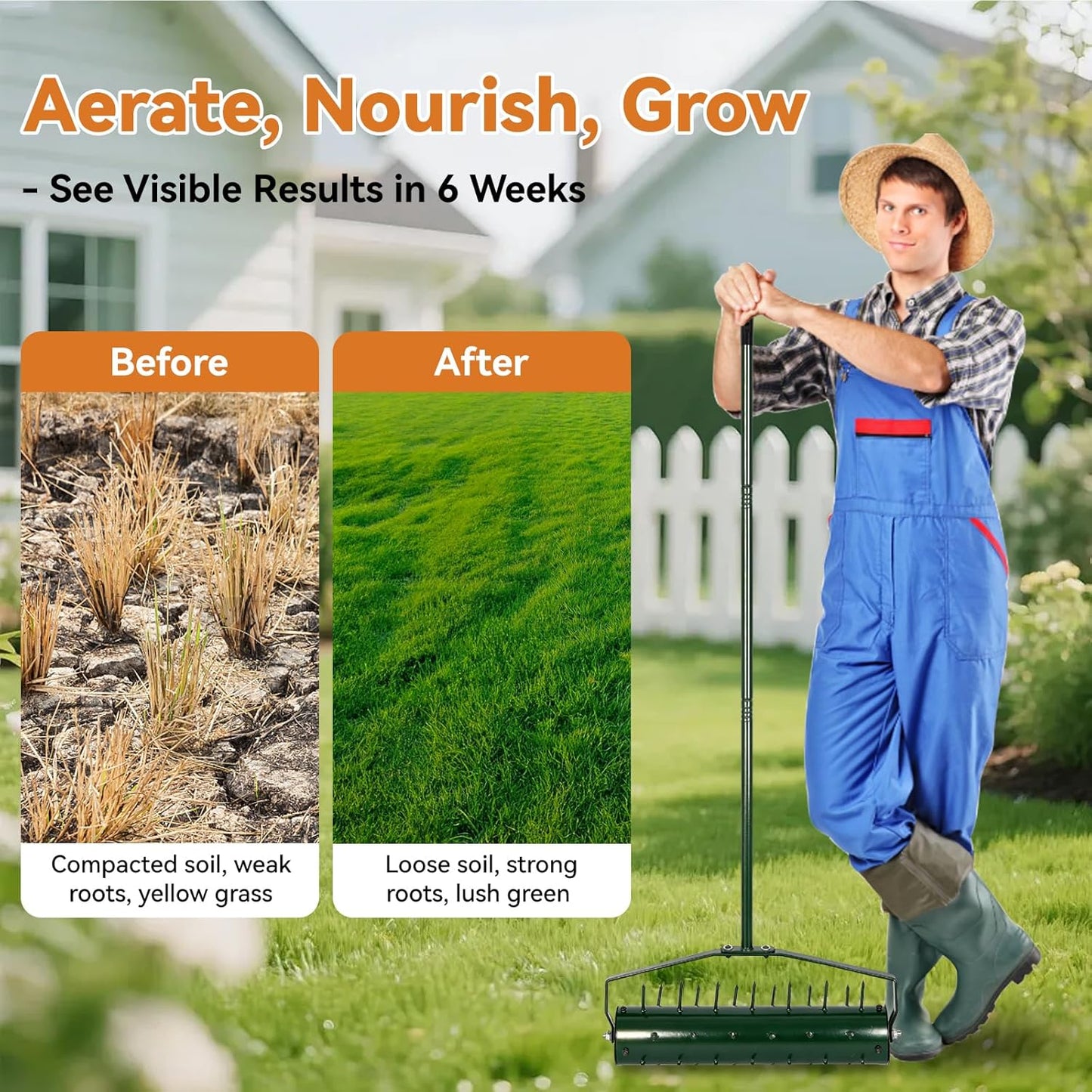 21" Rolling Lawn Aerator, Heavy-Duty Manual Aerator Tool with 2.2" Pre