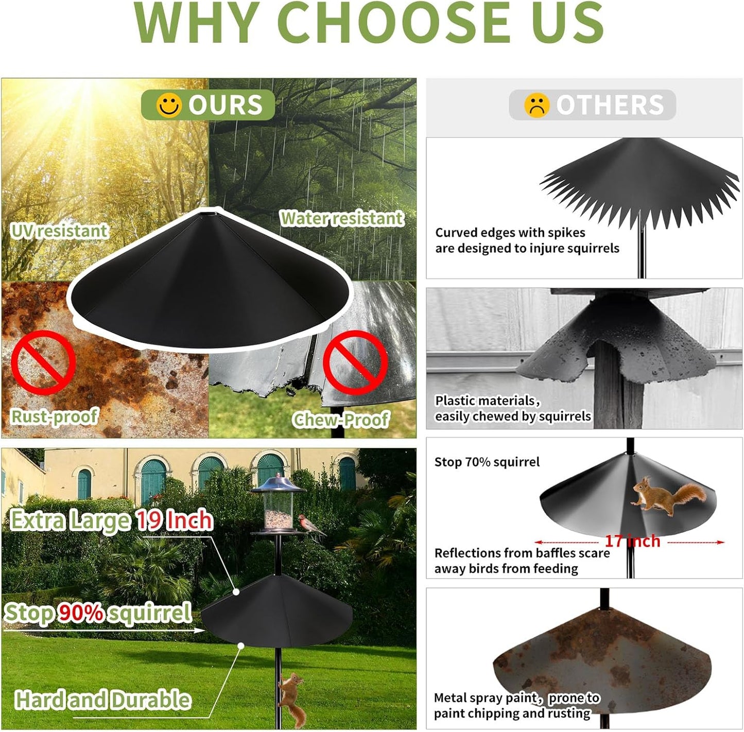 19 Inch Metal Squirrel Baffle for Bird Feeder Pole, 2-in-1 Large Outdoor Squirrel Baffles for Pole Mount and Shepherd’s Hook, Hanging Baffle Feeders to Deter Squirrels or Small Animals - 1PC
