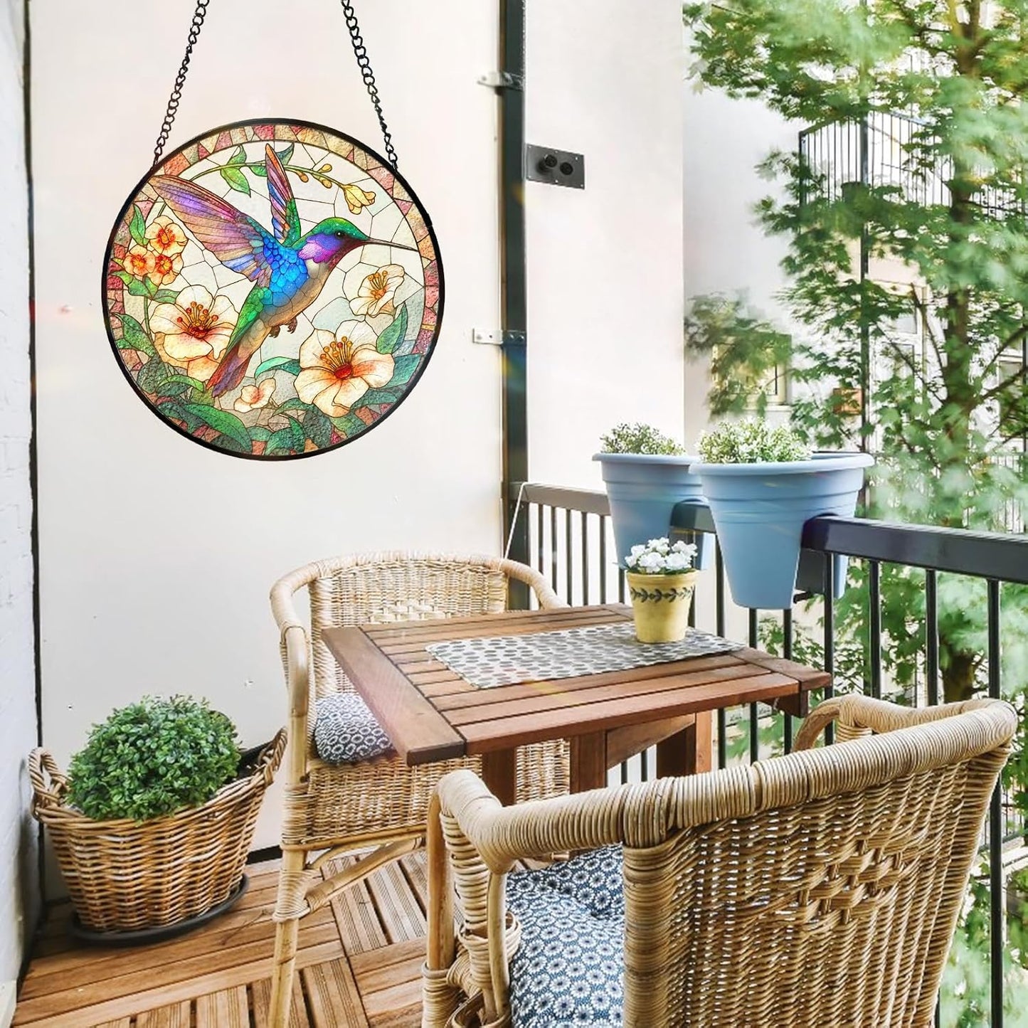 7.8 Inch Stained Glass Window Hanging Hummingbird Flower Sun Catcher Indoor Window Door Wall Yard Home Decor Bird Ornament Colorful Glass Panel Suncatcher Gifts for Women Men Mom Grandma Bird Lovers