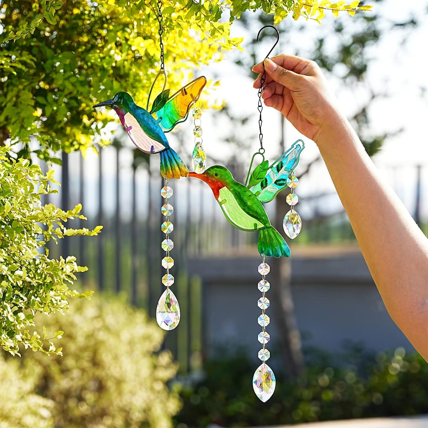 YU FENG 2PCS 18.1" Hummingbird Suncatchers,Stained Glass Window Hanging Ornament for Christmas Tree,Rainbow Maker Crystal Prism Suncatcher Outdoor Indoor Home Garden Party Decoration