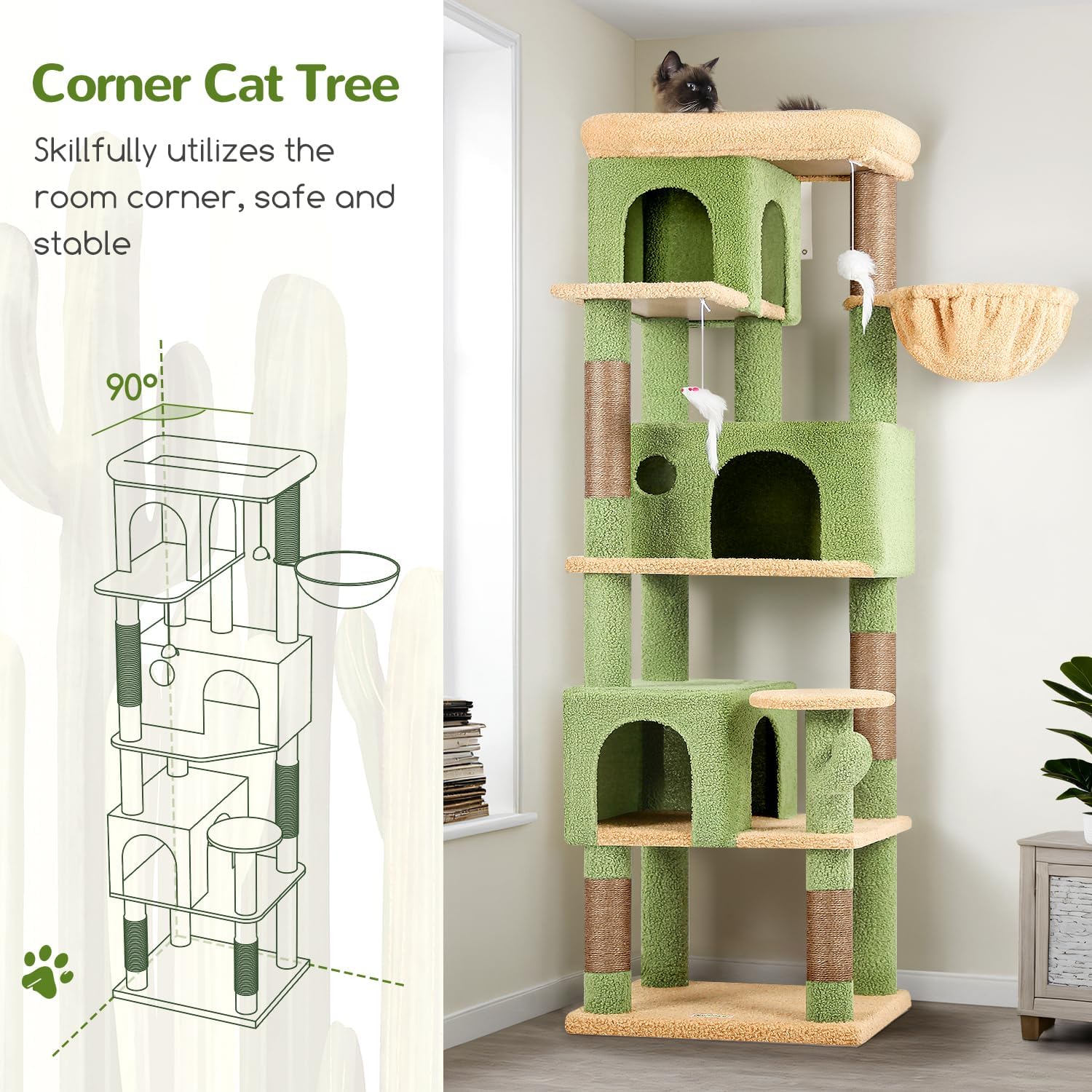 Globlazer Corner Cactus Cat Tree 66 inch Multi-Level Cactus Climbing T