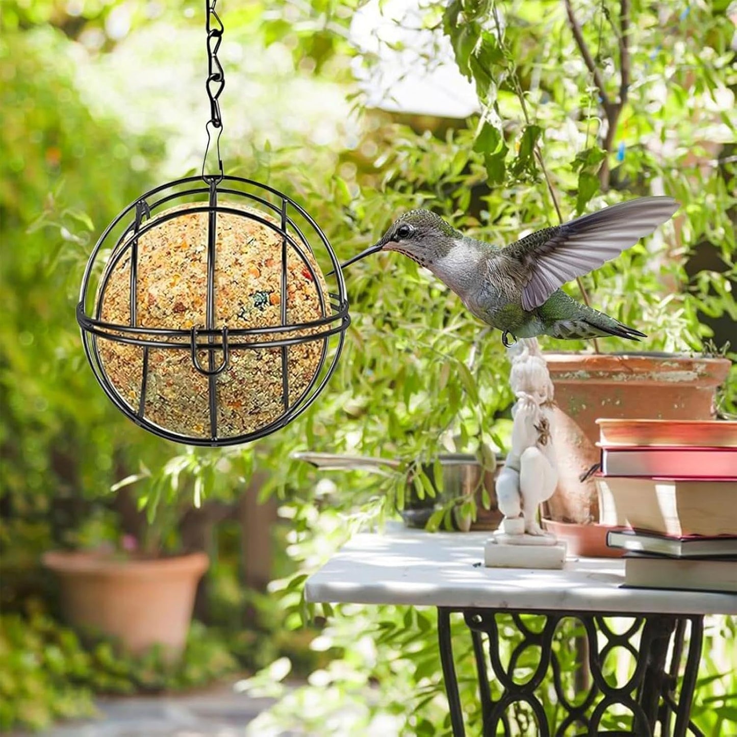 Metal Bird Feeder Set, 8 Pack Suet Ball Holders, Hangable Metal Sphere, Outdoor Ball Bird Feeder, Black Spherical Design, 7.5 x 28 cm, Hanging Garden Feeders for Wild Birds with Easy-Fill Opening