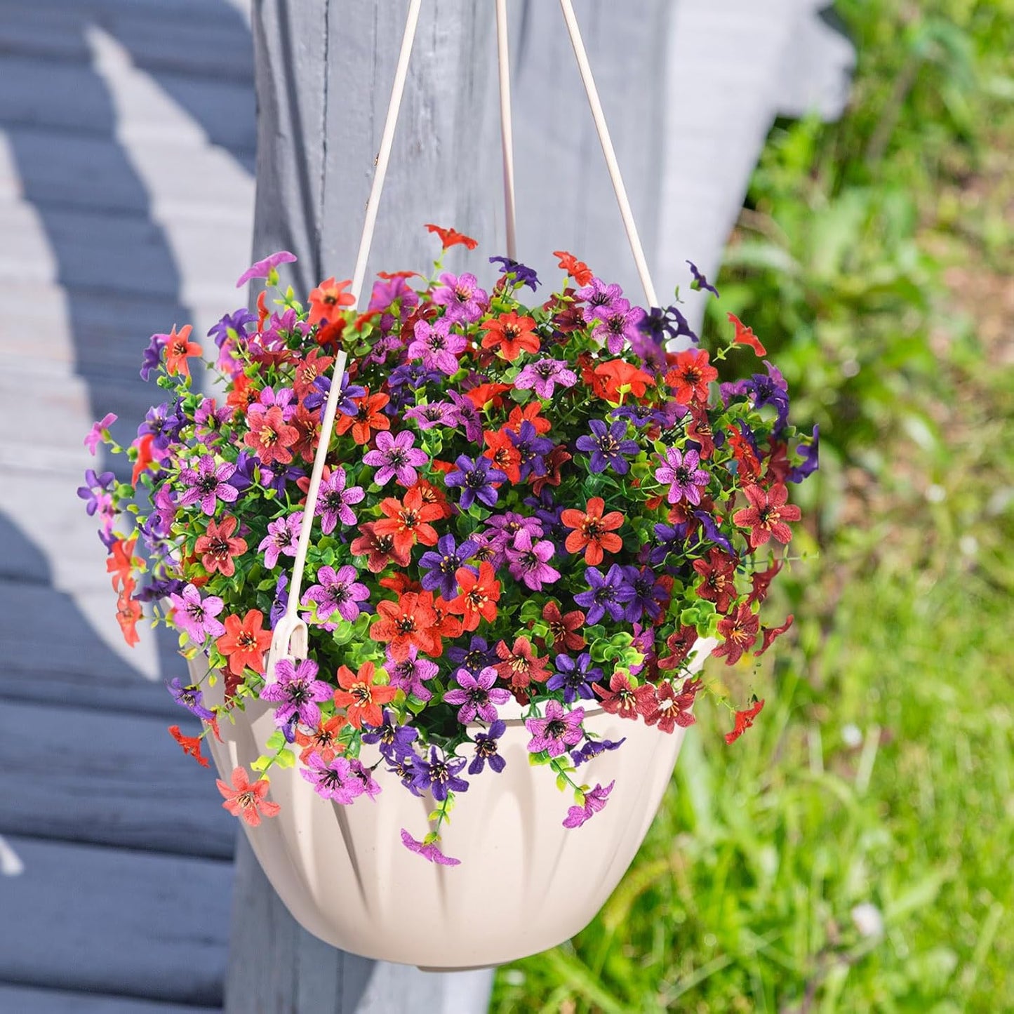Homsunny Artificial Flowers for Outdoors 12 Bundles Fake Plants Spring Home Decoration, Realistic Faux Flower Silk Daisy with Eucalyptus Stem UV Resistant Patio Planter Porch Yard Window (4 Colors)